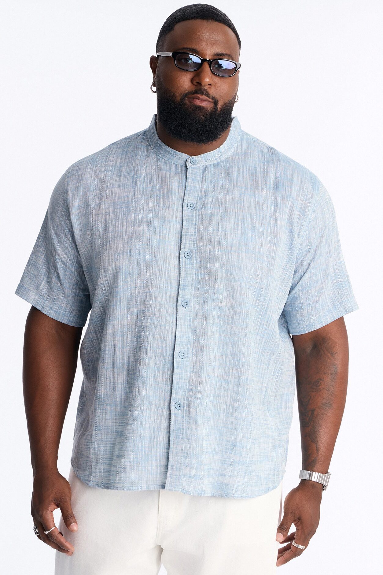 Slub Texture Cuban Collar Button Up Shirt - Blue