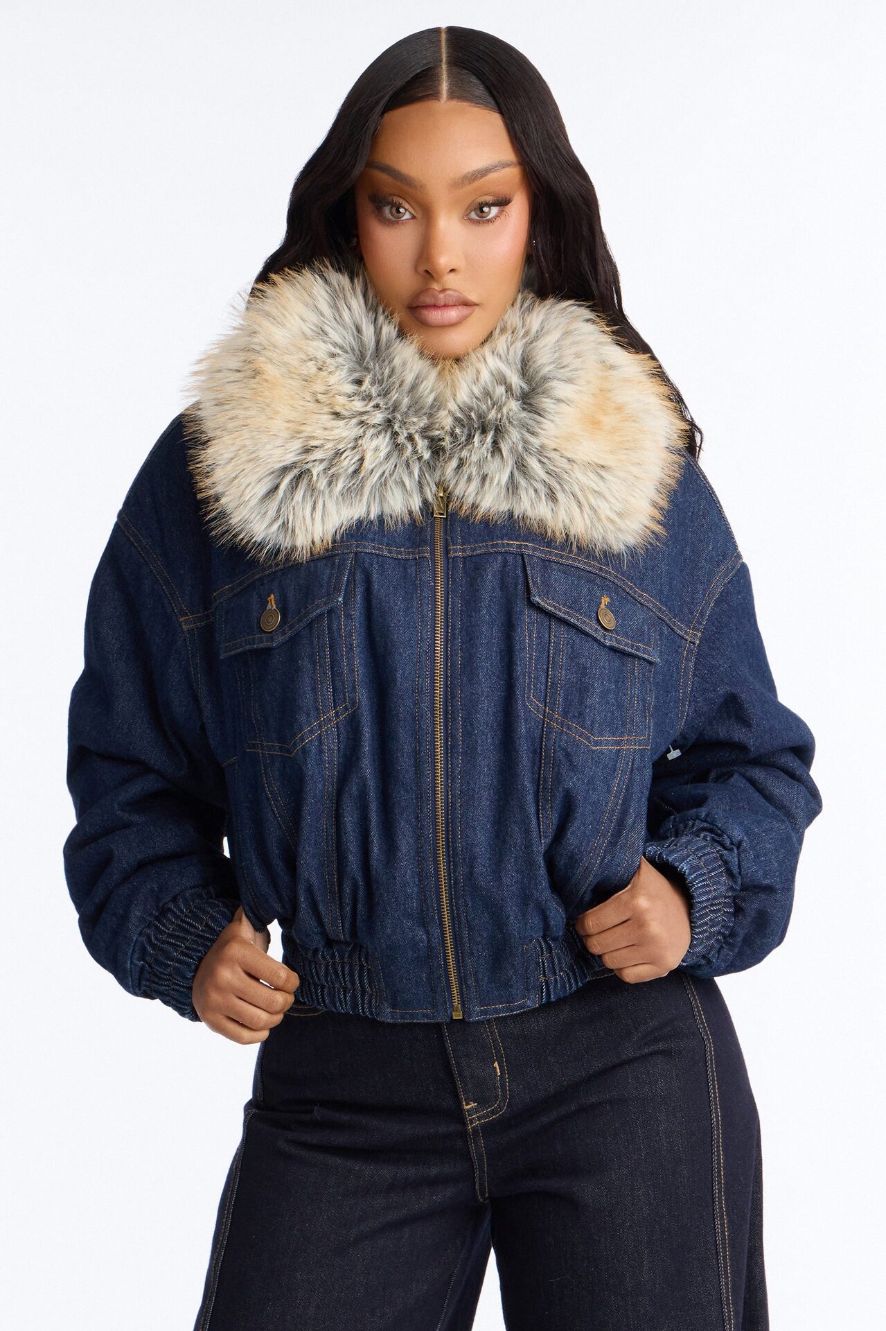 Méribel Faux Fur Denim Jacket - Dark Denim