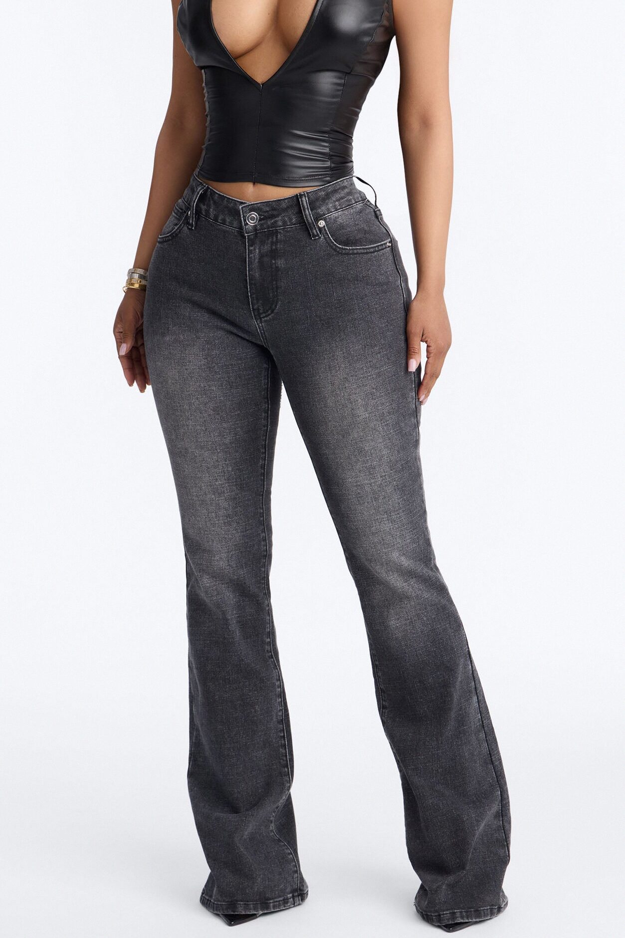 Watching You Rhinestone Embellished Low Rise Jeans - Black Wash