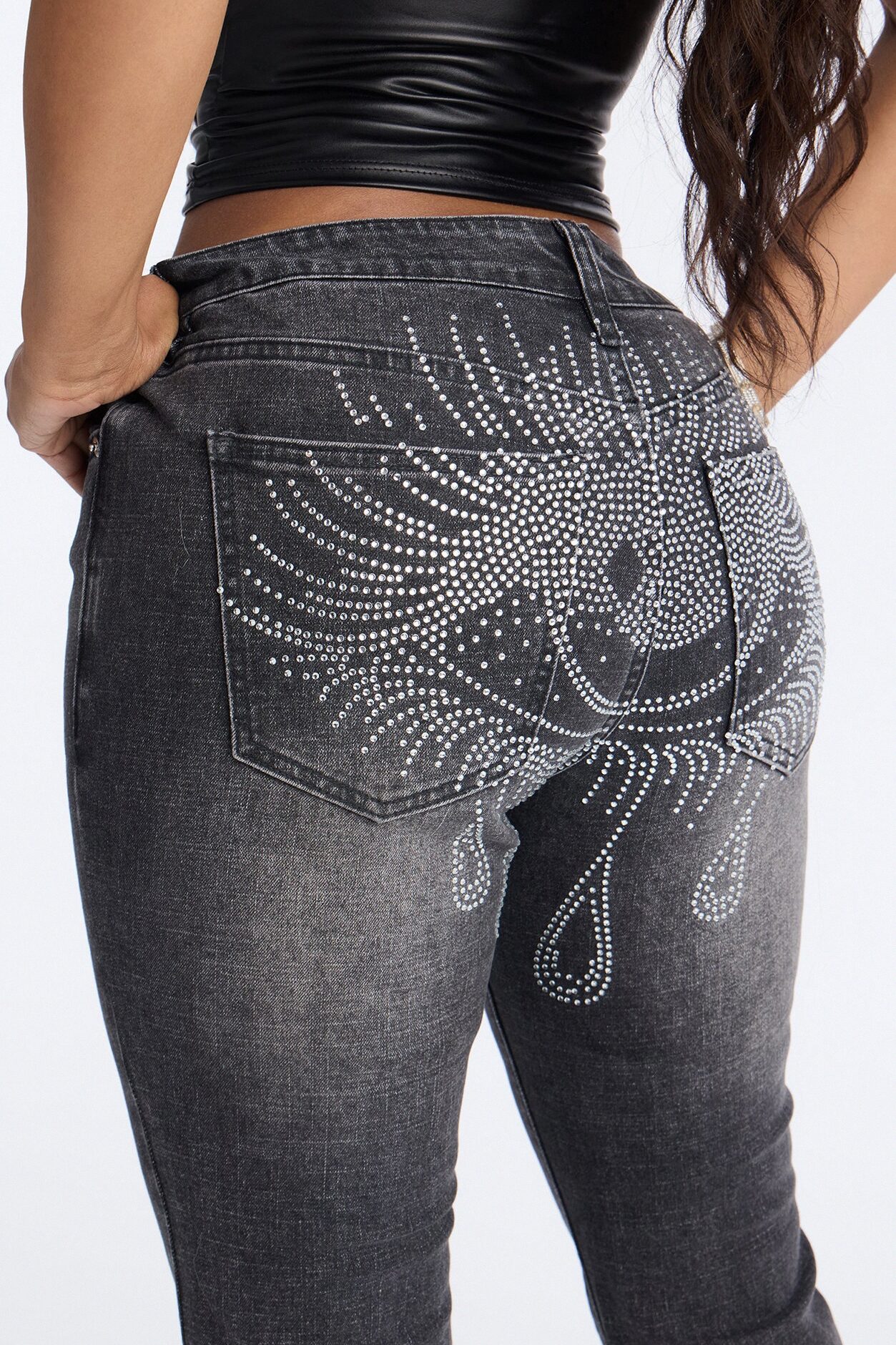 Watching You Rhinestone Embellished Low Rise Jeans - Black Wash