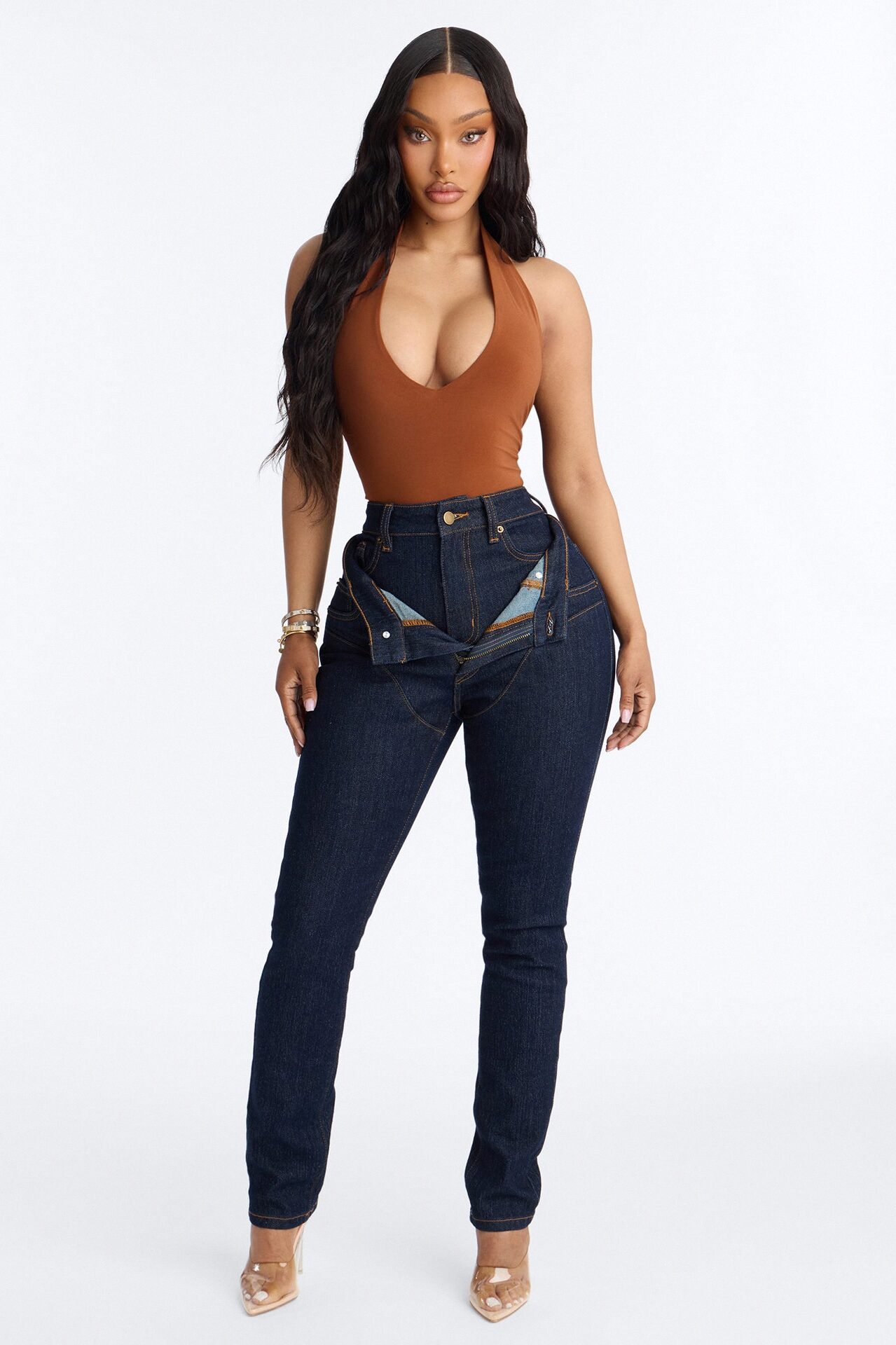 Good Intention Double Waistband High Rise Skinny Jeans - Dark Denim