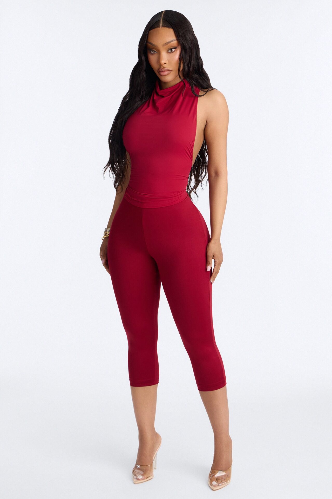 Second Skin Double Lined Mock Neck Racerback Top - DarkRed