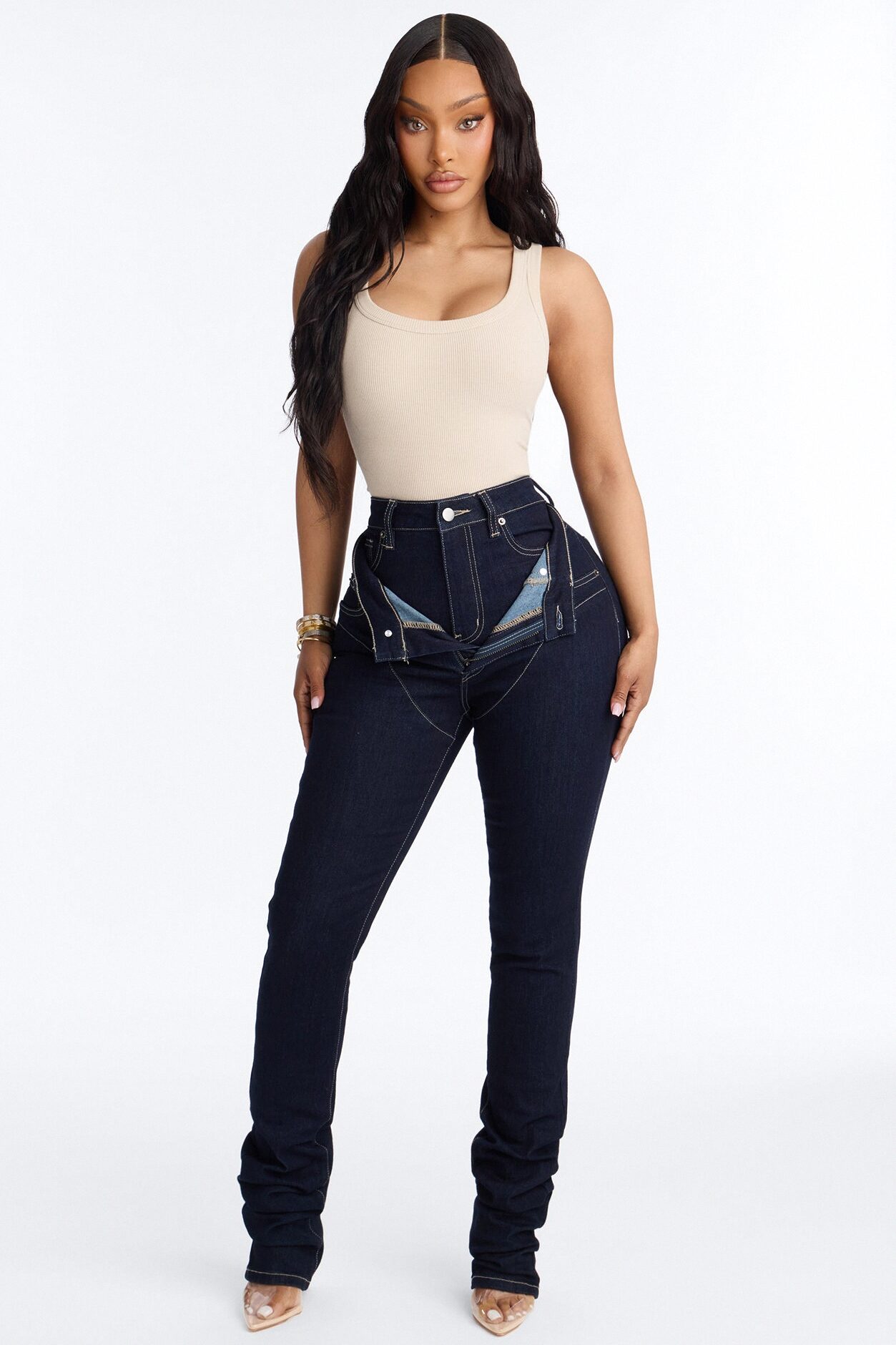 Think Twice Double Waistband High Rise Stacked Skinny Jeans - Dark Denim