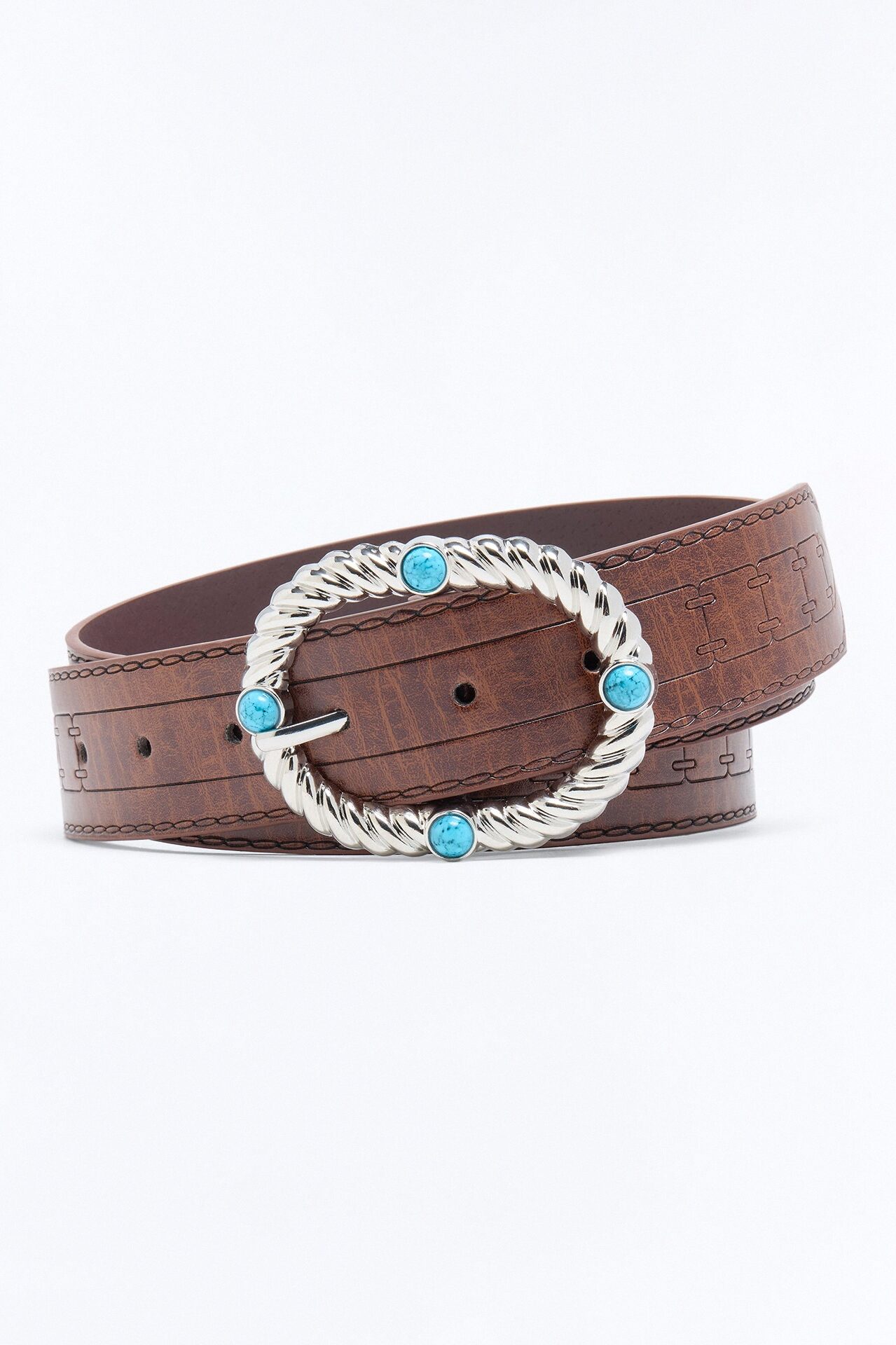 Western Lapis Embossed Faux Leather Belt - Brown