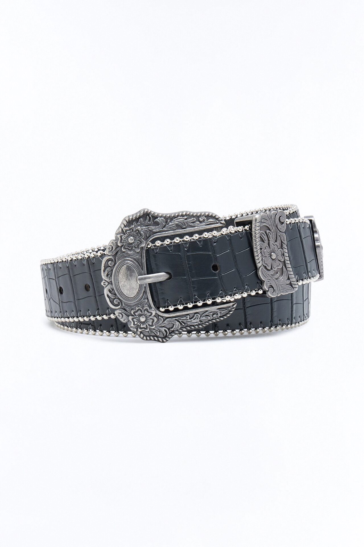 Western Embossed Croc Faux Leather Belt - Black