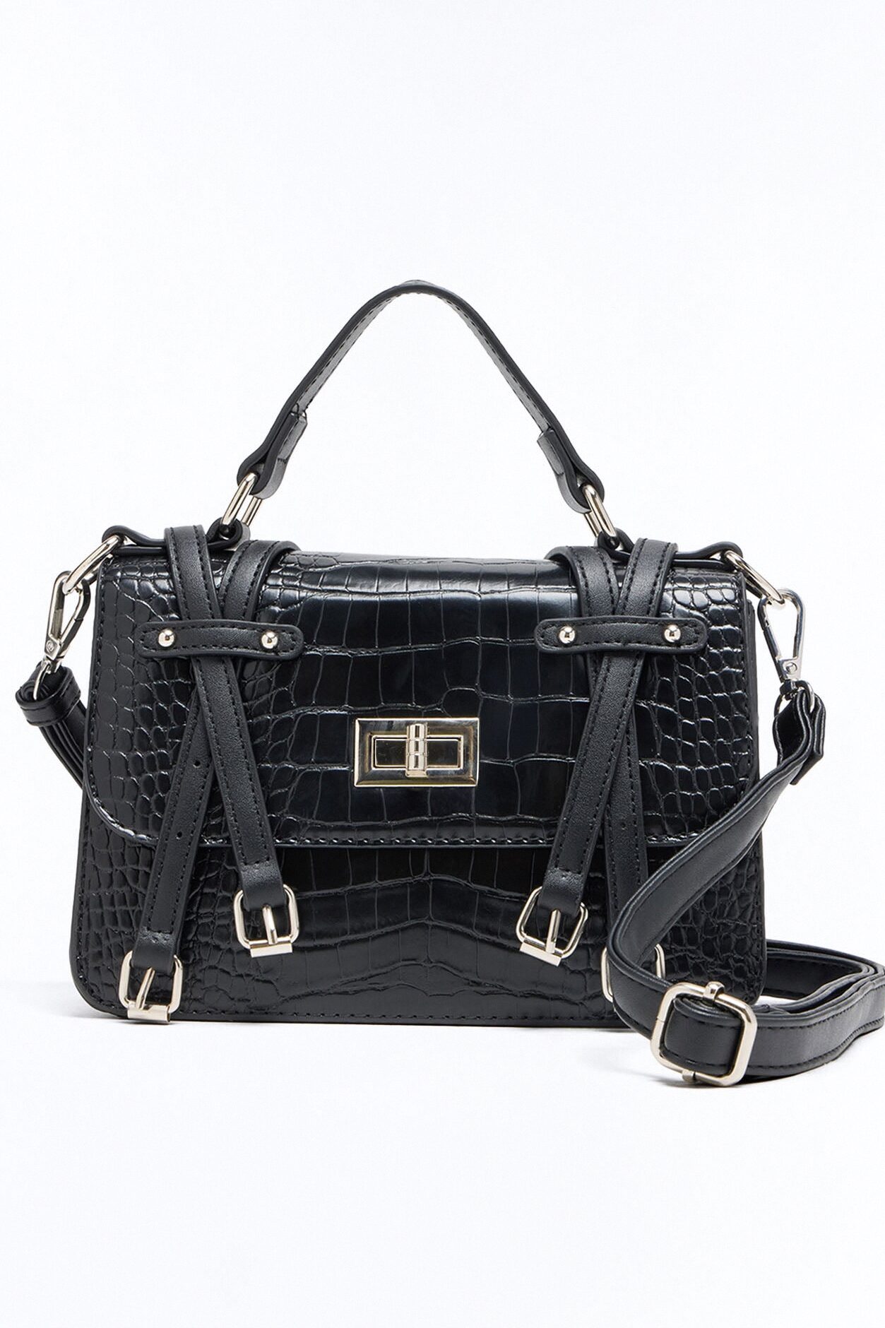 Buckle Up Faux Leather Crossbody Handbag - Black