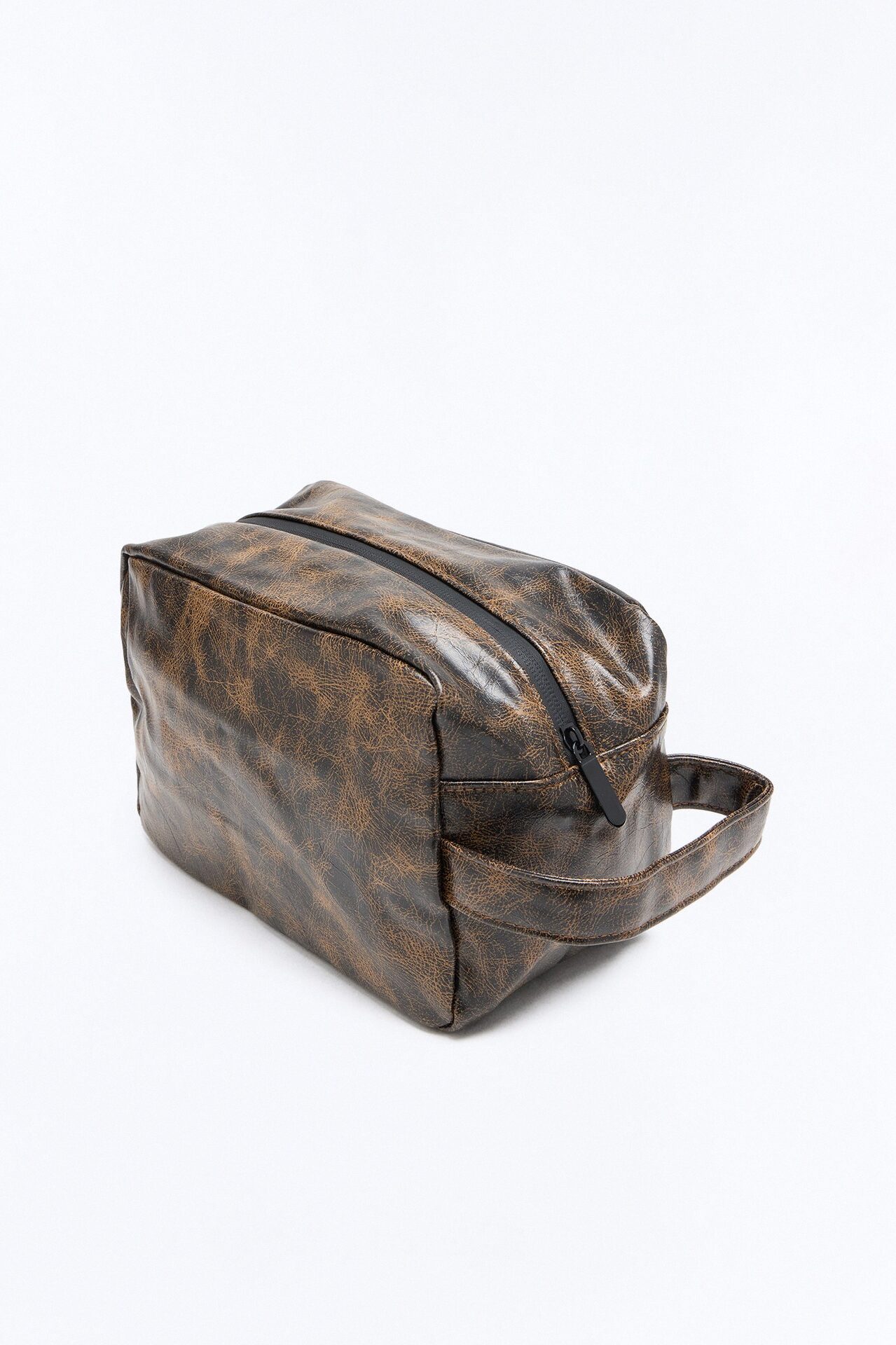 Faux Leather Vintage Washed Travel Toiletry Bag - Brown