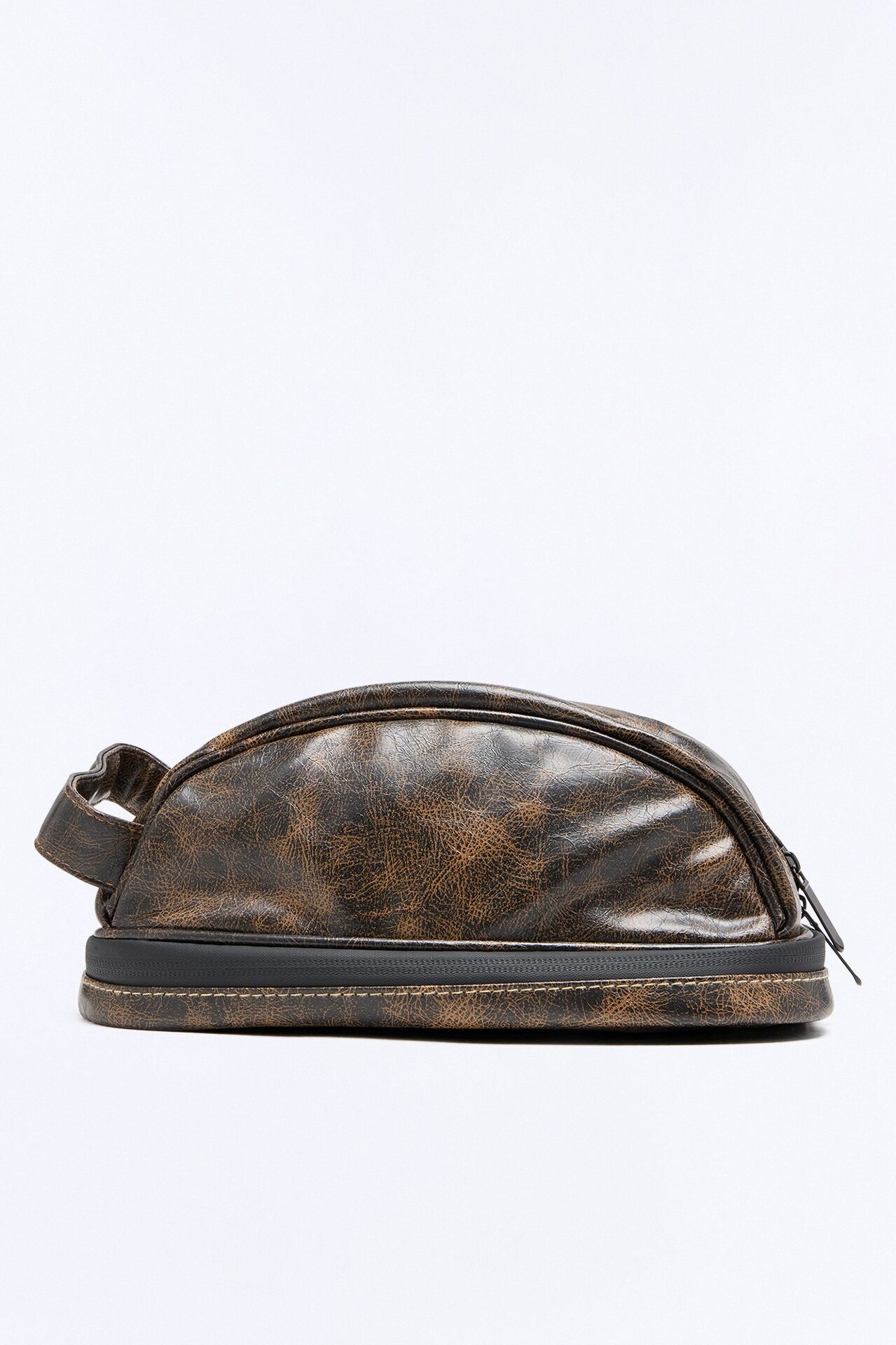 Faux Leather Washed Side Handle Travel Toiletry Bag - Brown