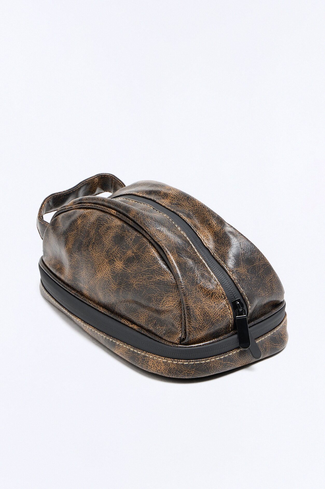 Faux Leather Washed Side Handle Travel Toiletry Bag - Brown
