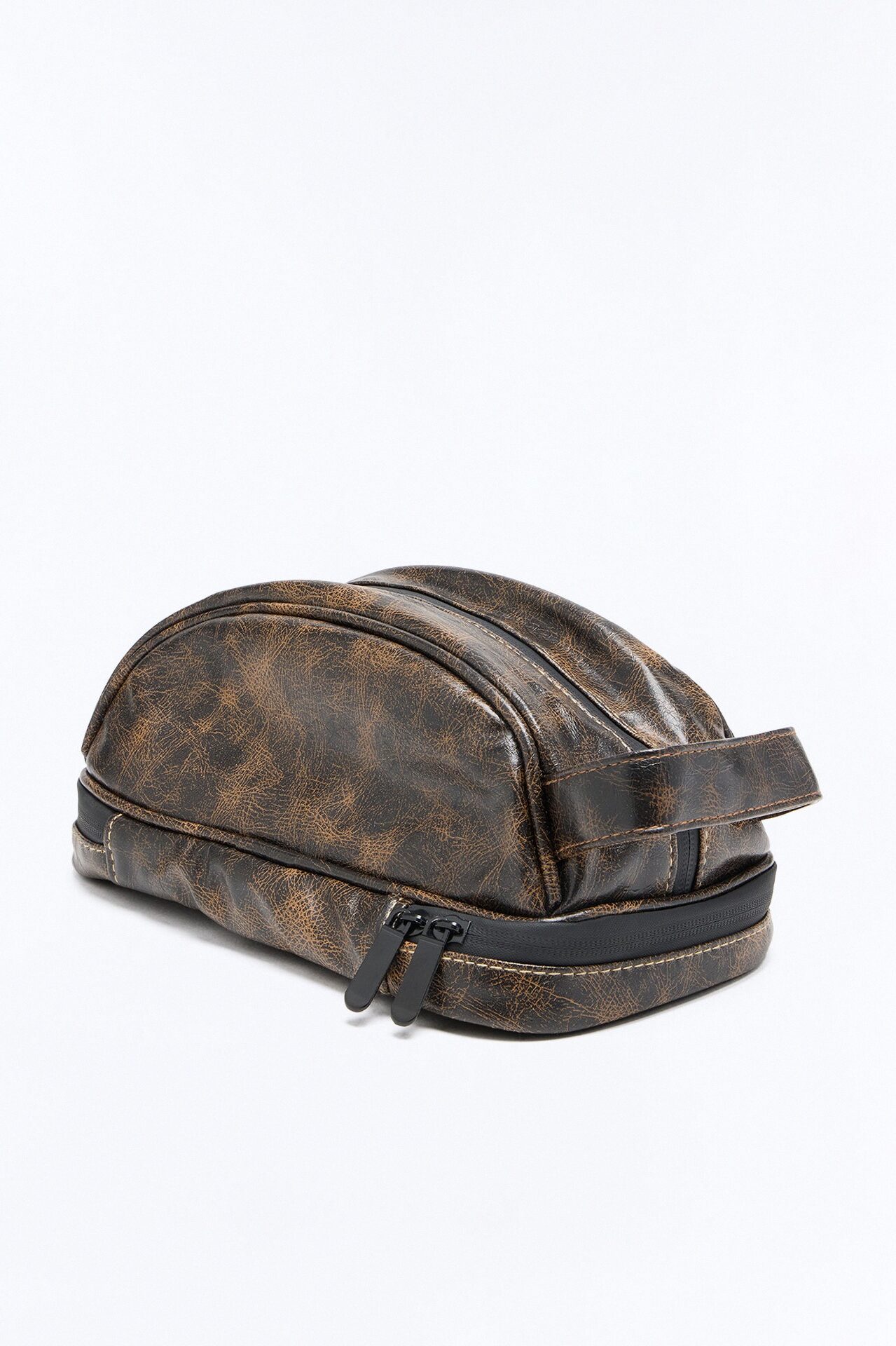Faux Leather Washed Side Handle Travel Toiletry Bag - Brown