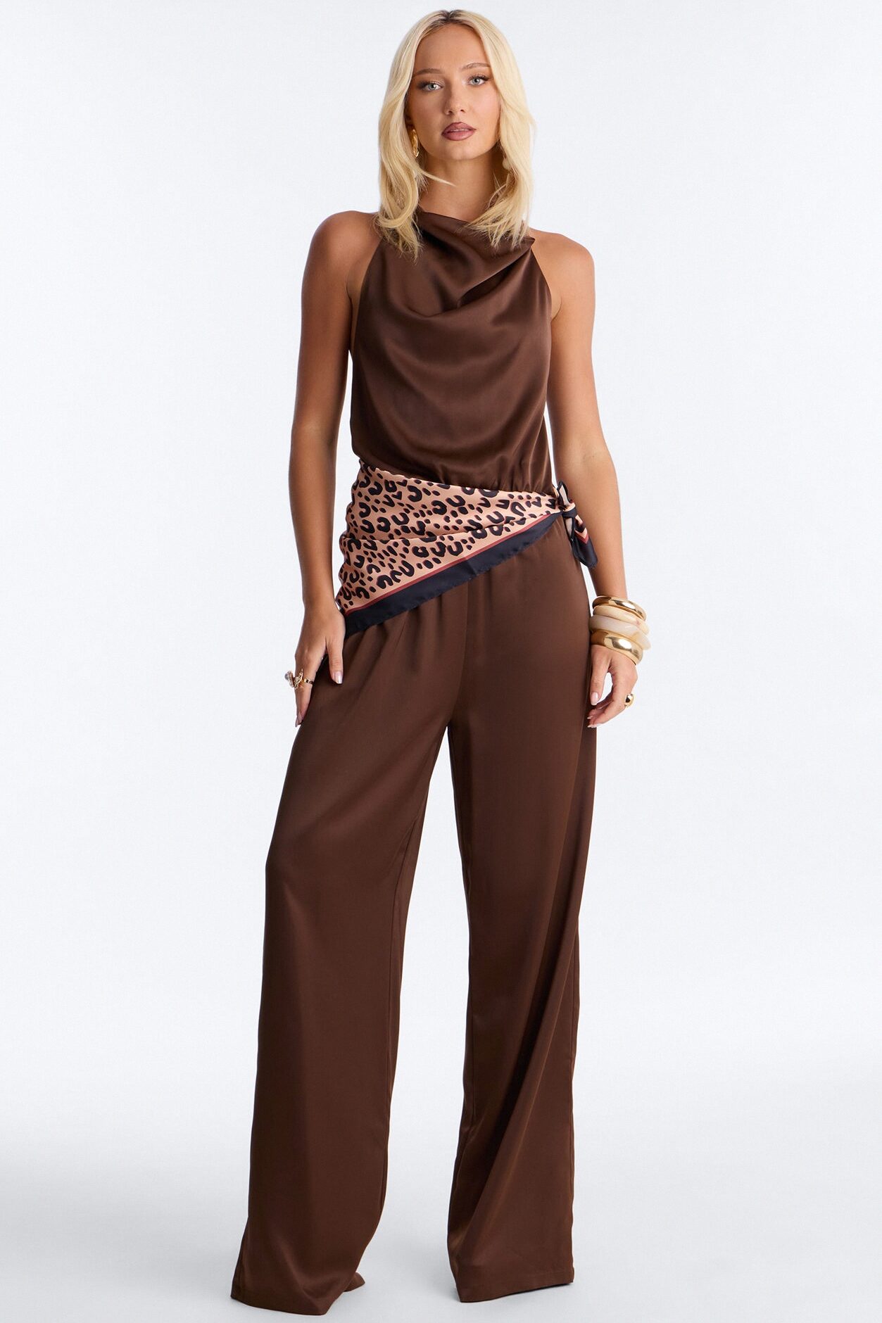 ILLIA Backless Waist Scarf Jumpsuit - Chocolate