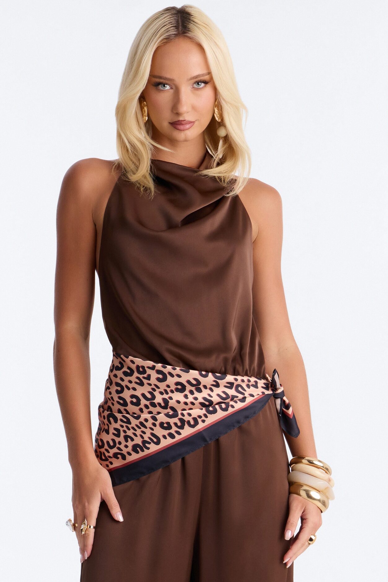 ILLIA Backless Waist Scarf Jumpsuit - Chocolate