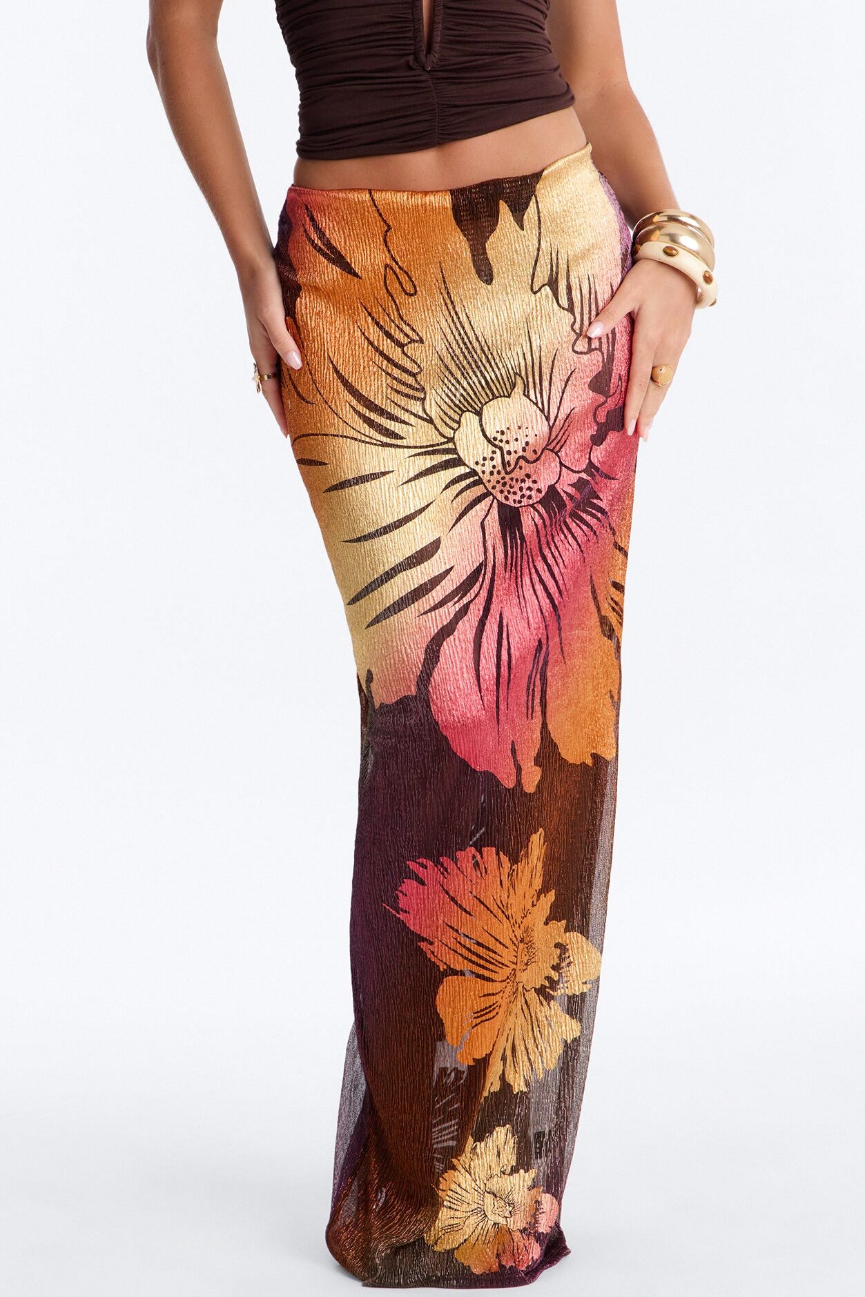 Addison Metallic Floral Maxi Skirt - Rust/combo