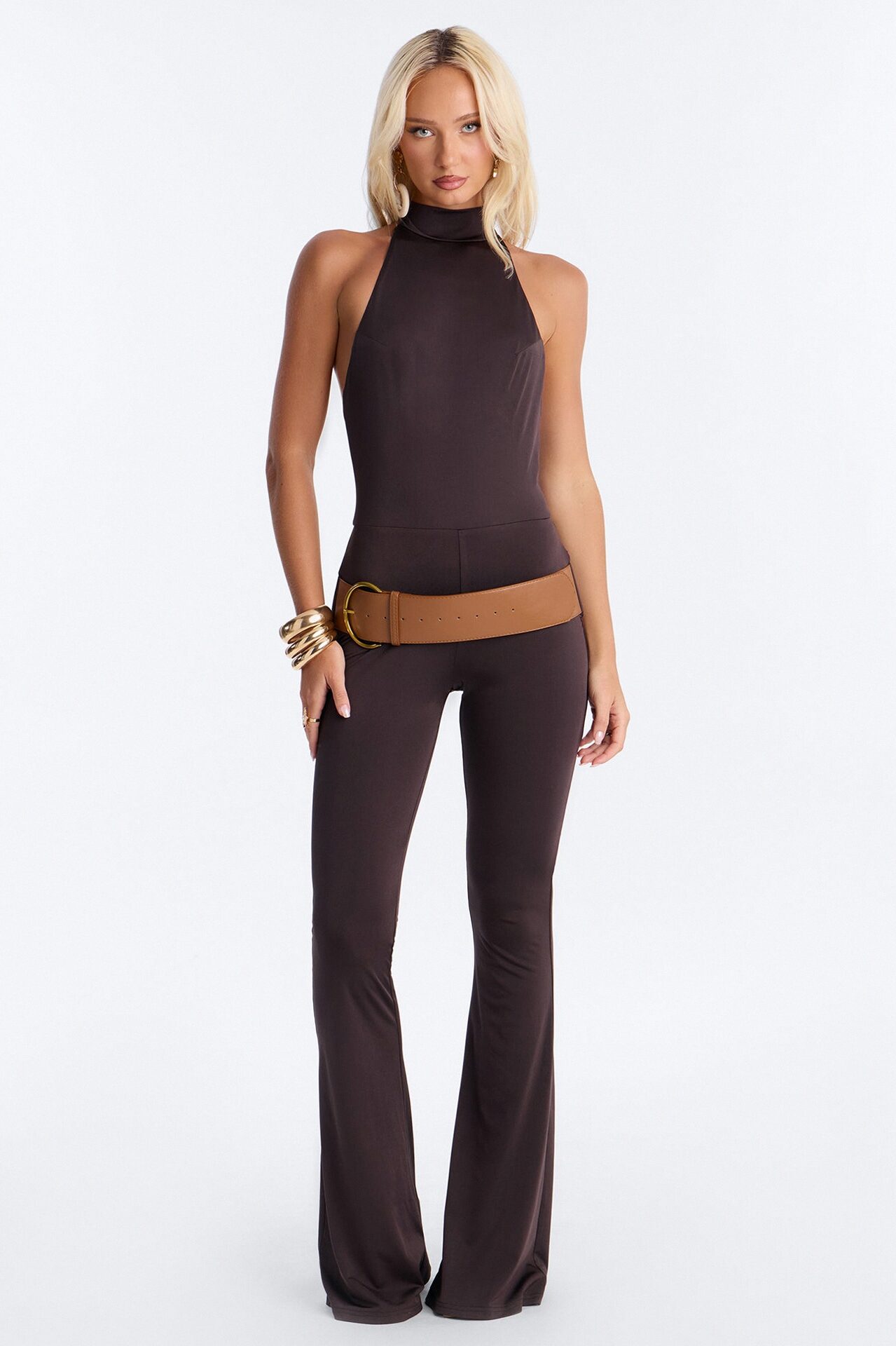 Willow Belted Backless Flare Jumpsuit - Brown