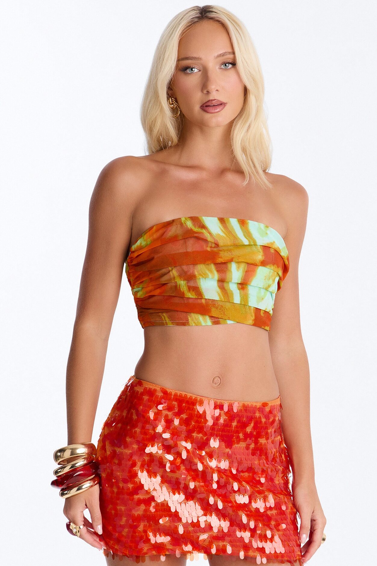 Island Skies Tie Dye Ruched Chiffon Tube Top - Orange/combo