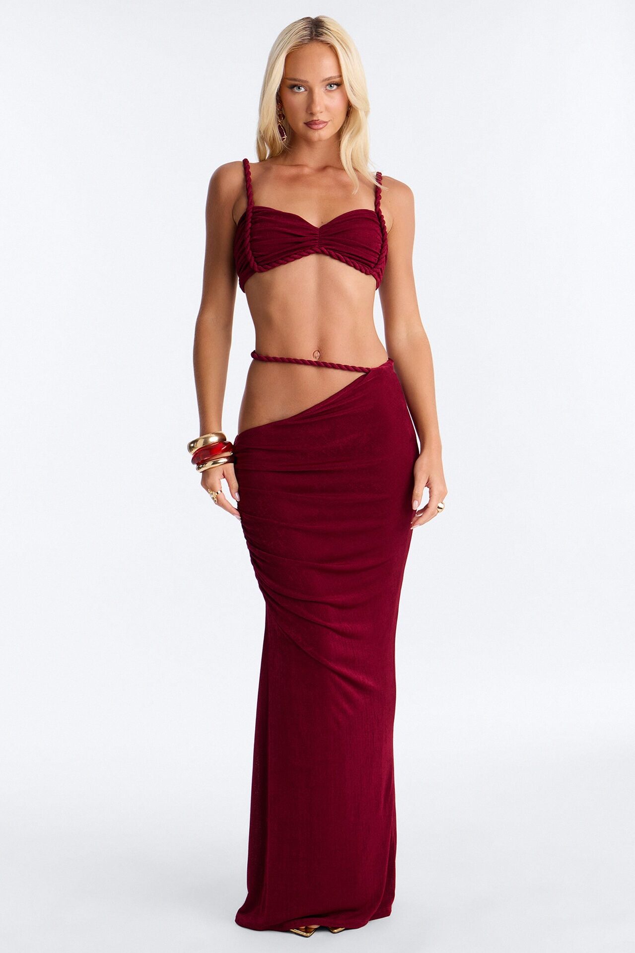 Coastal Vibe Roped Skirt Set - Burgundy