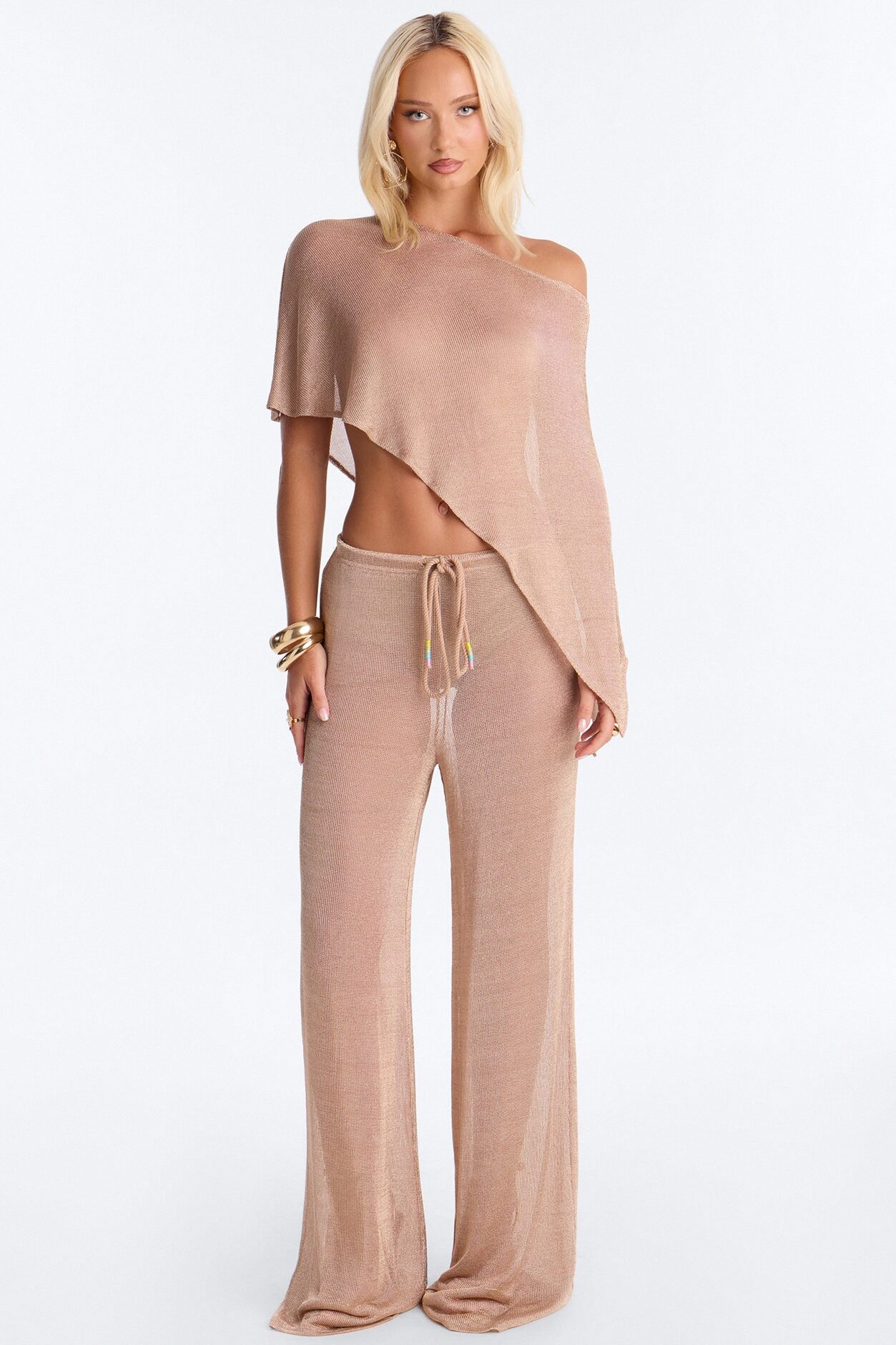 Melanie Metallic Knit 3 Piece Pant Set - Gold