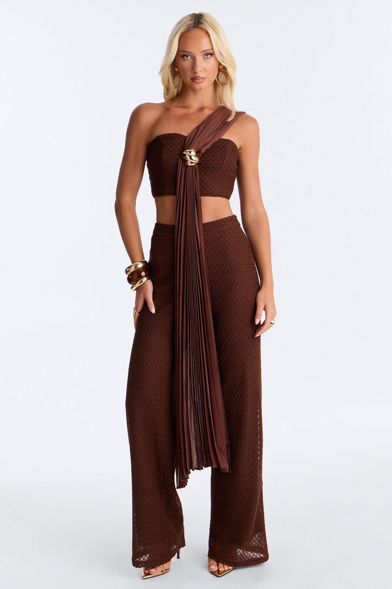 Aria Draped Crochet Pant Set - Chocolate