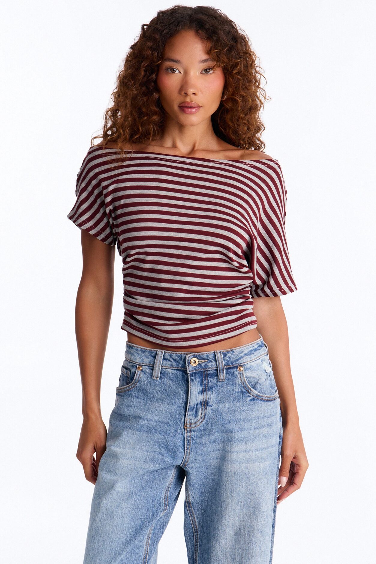 Zayna Striped Off Shoulder Short Sleeve Top - Burgundy/combo
