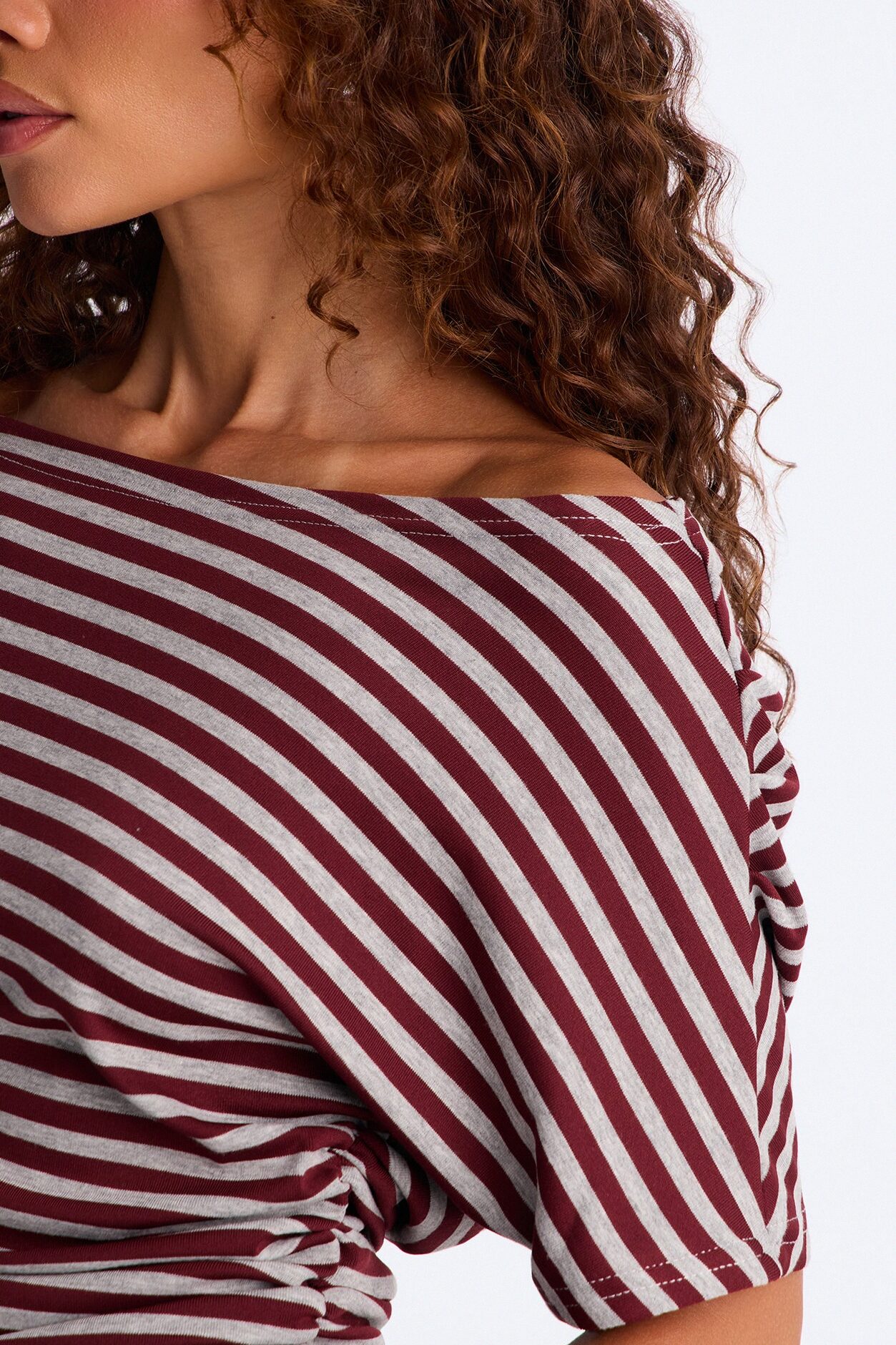 Zayna Striped Off Shoulder Short Sleeve Top - Burgundy/combo