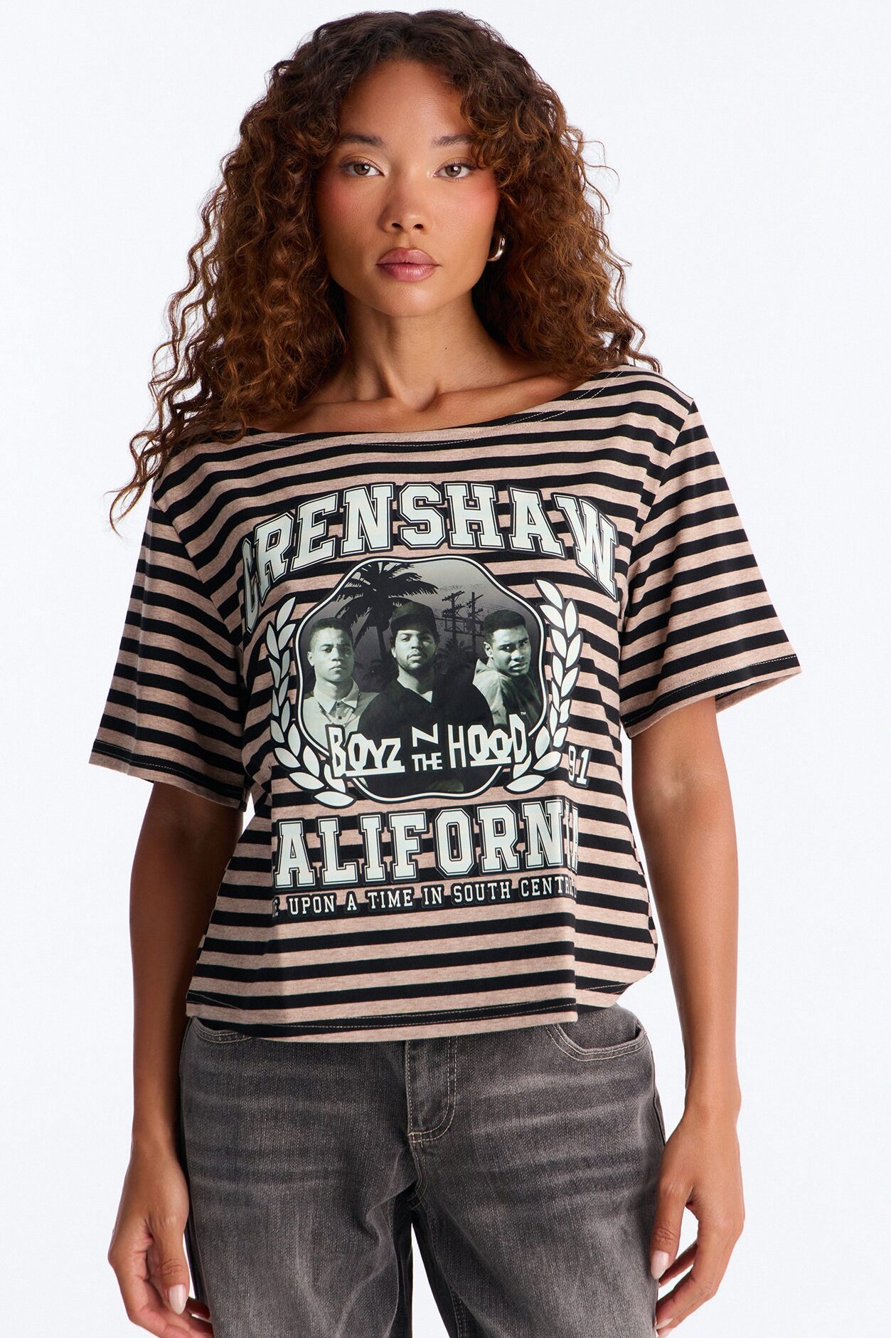 Boyz N The Hood Stripe Off Shoulder Crop Tee - Black