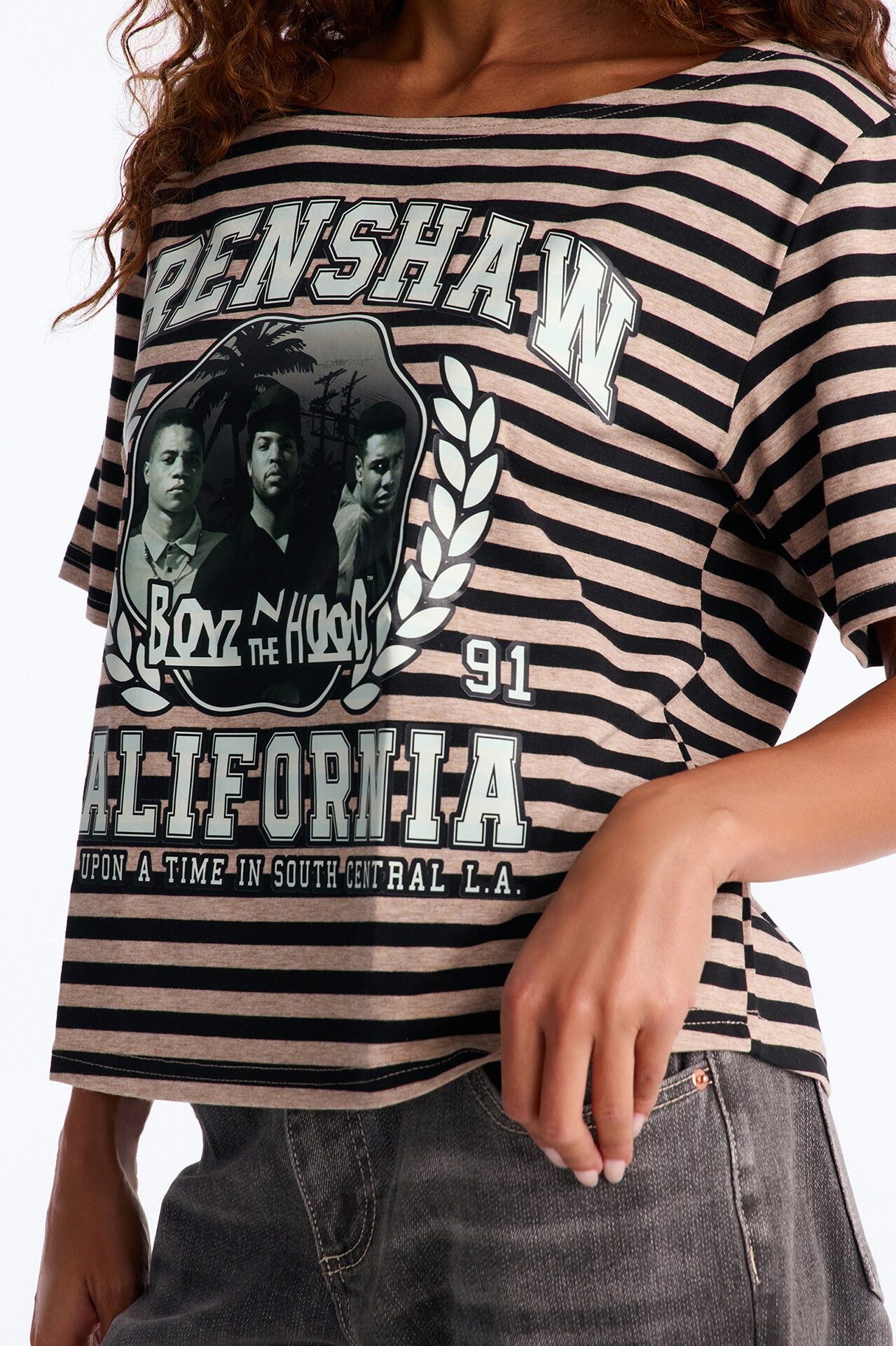 Boyz N The Hood Stripe Off Shoulder Crop Tee - Black