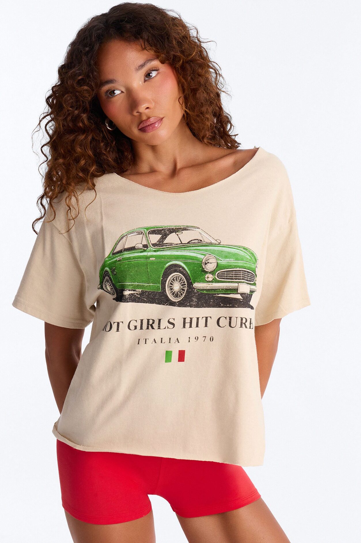 Hot Girls Hit Curbs Off Shoulder Tee - Taupe