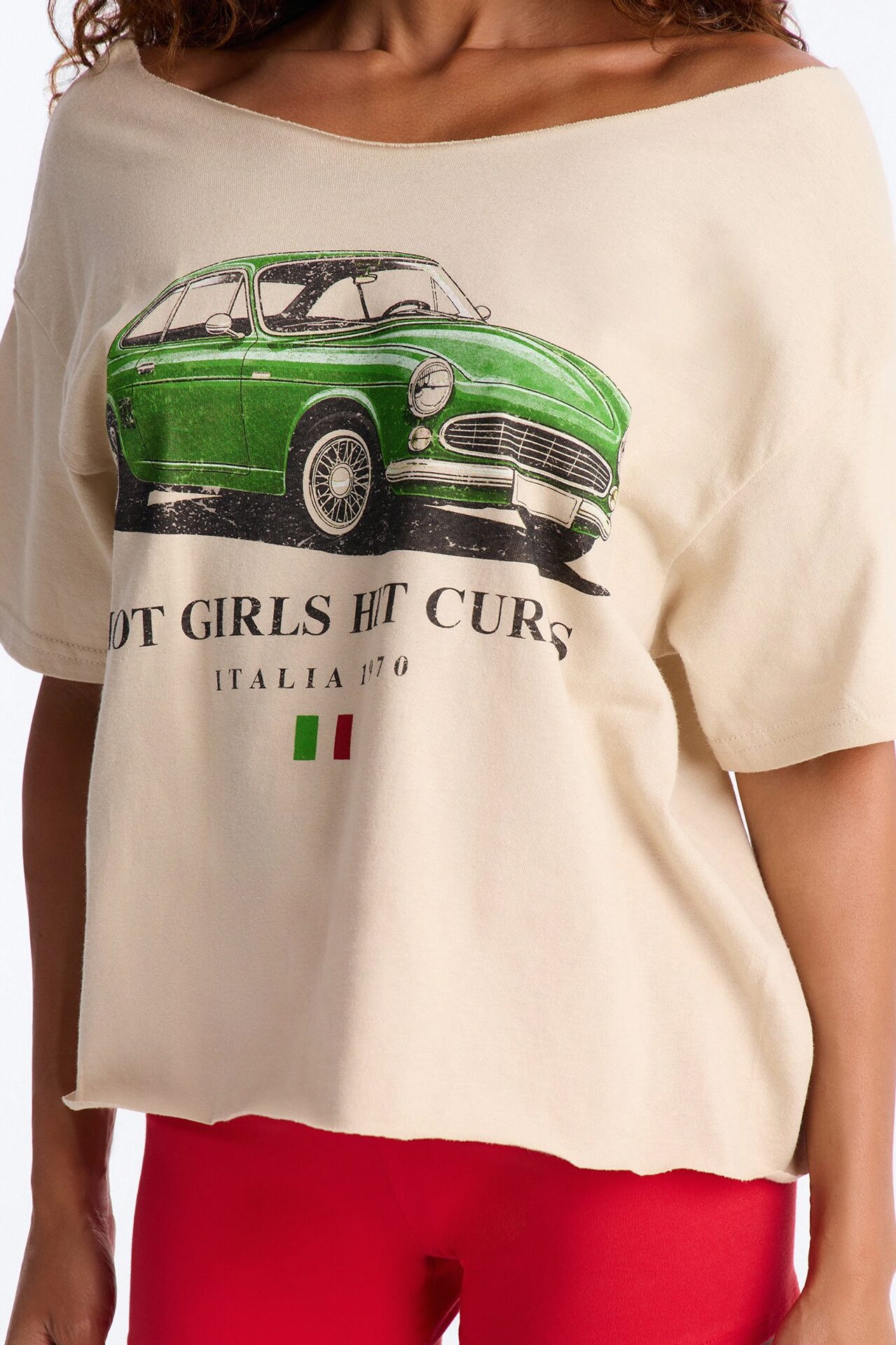 Hot Girls Hit Curbs Off Shoulder Tee - Taupe
