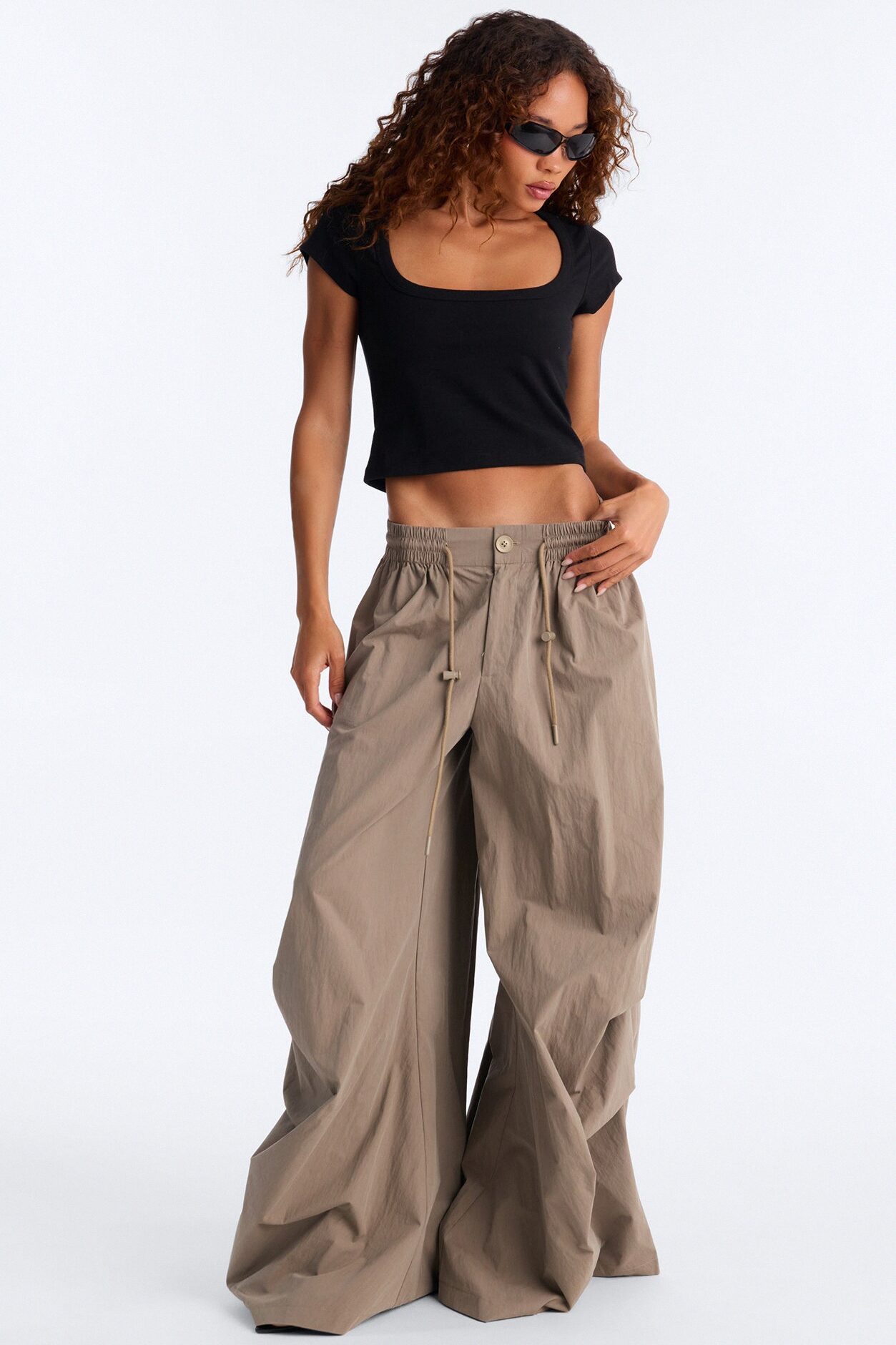 Hazel Stacked Drawstring Waist Super Wide Leg Pant - Caffe