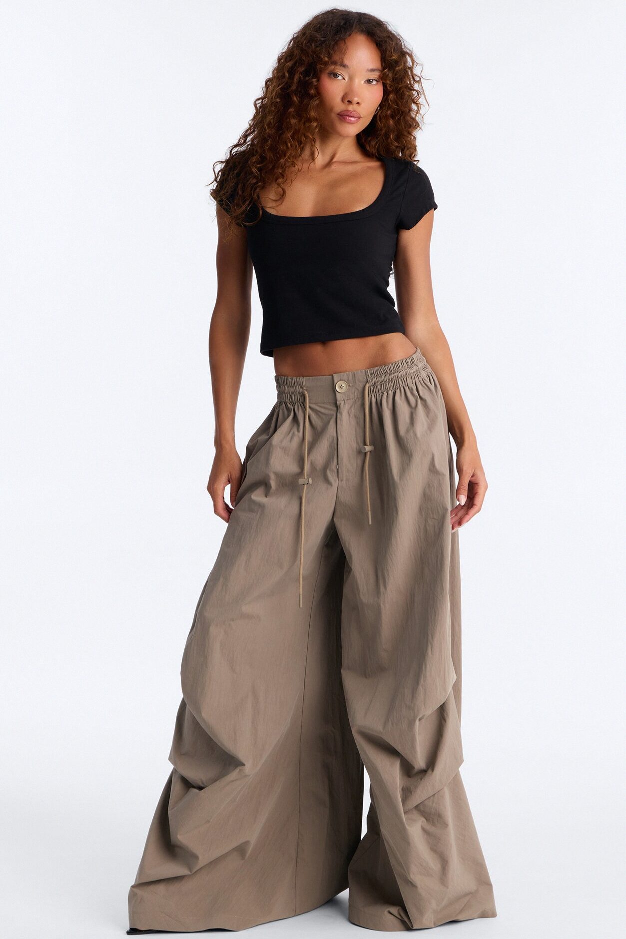 Hazel Stacked Drawstring Waist Super Wide Leg Pant - Caffe