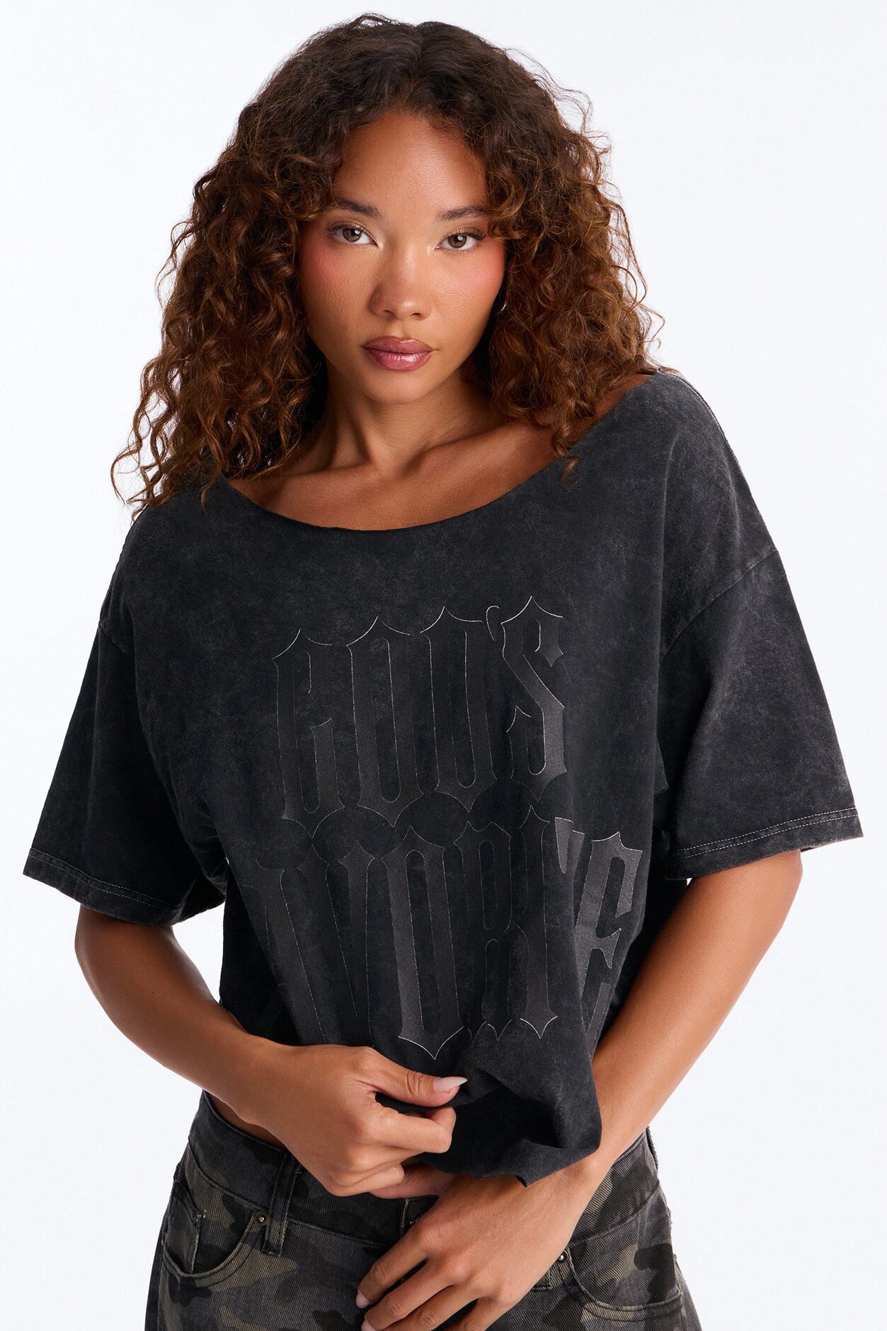 God's Favorite Washed Off Shoulder Tee - Charcoal