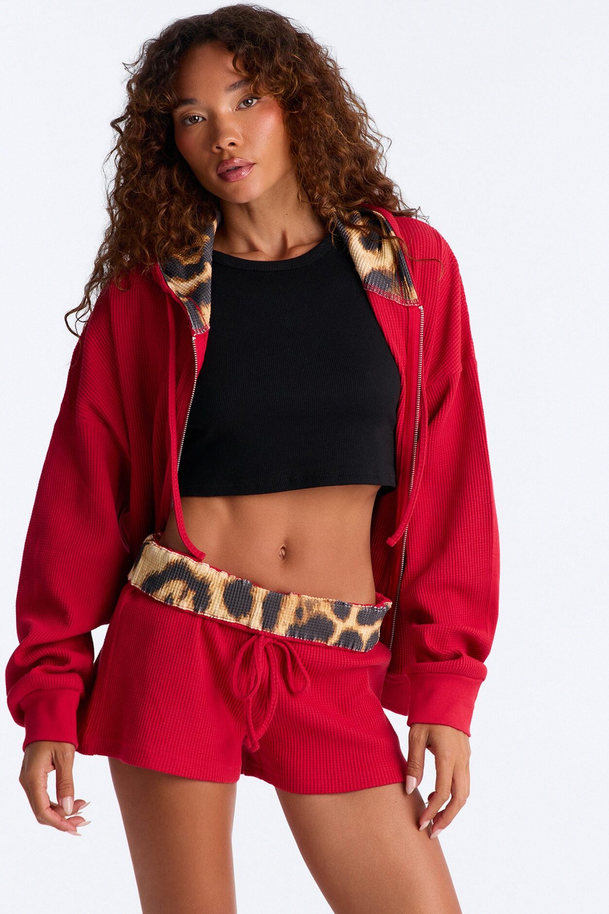 Rowan Waffle Leopard Short Set - Red/combo