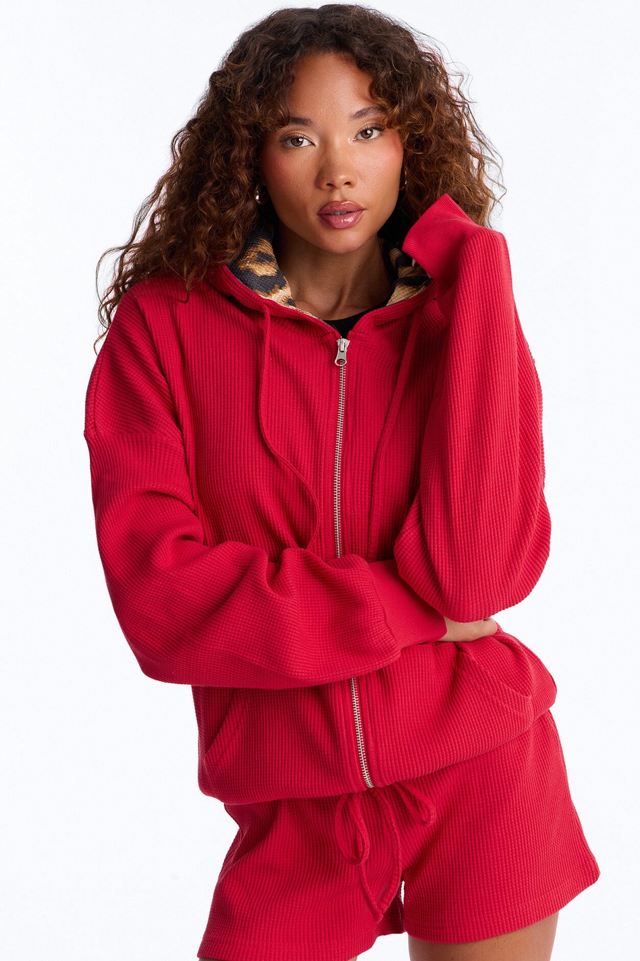 Rowan Waffle Leopard Short Set - Red/combo