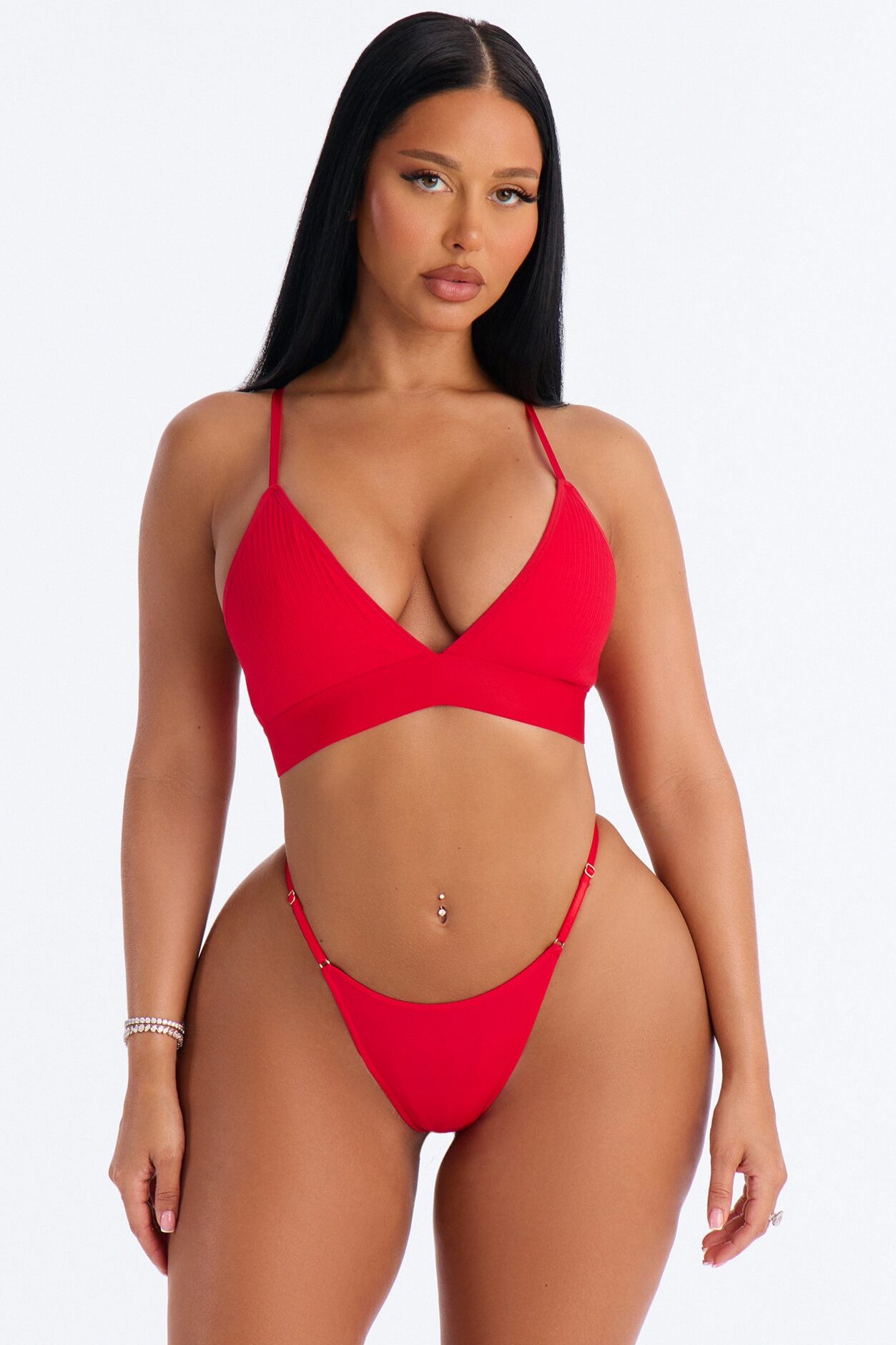 Cotton Ribbed Removable Padded Deep V Bralette - Red