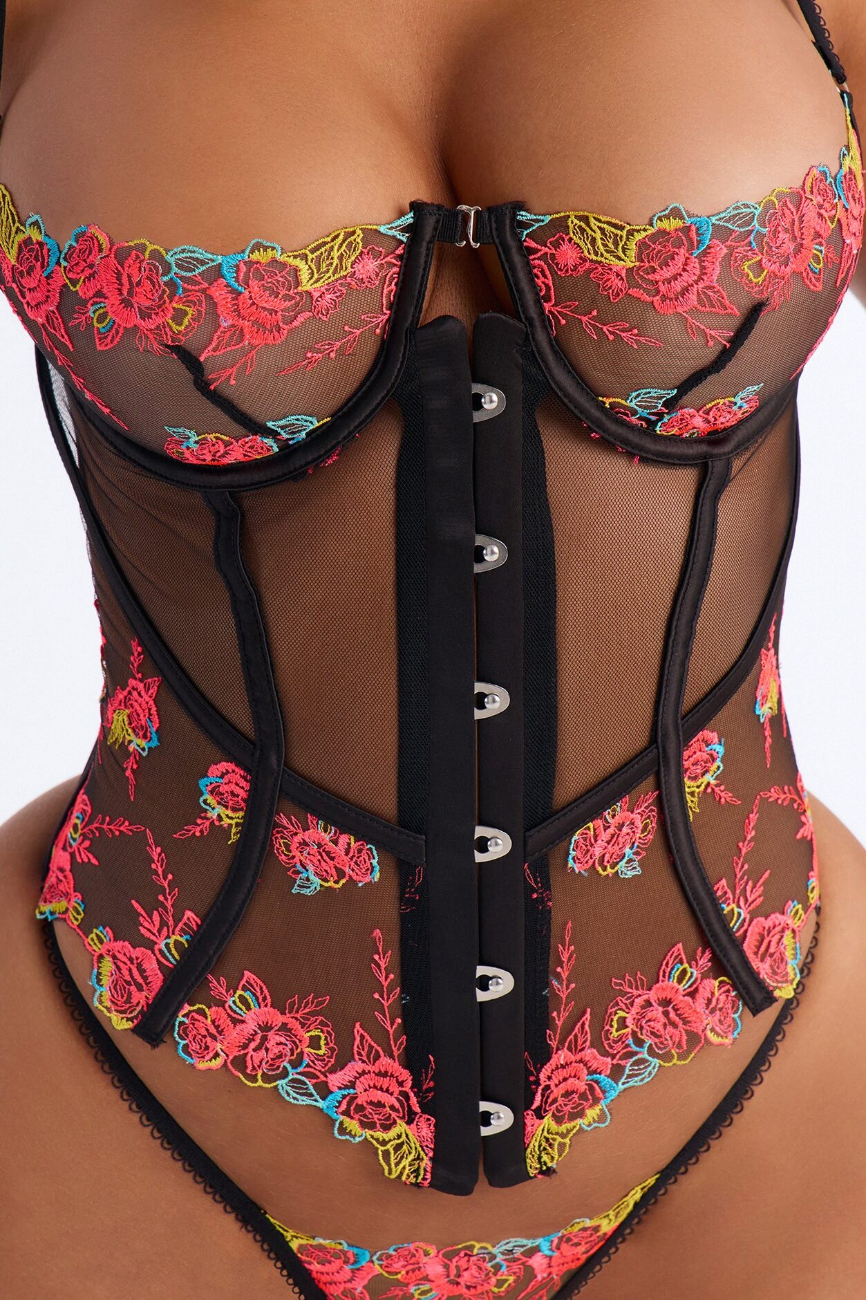 Pretty In Provocative Embroidered Floral Lace Corset 2 Piece Set - Black/Pink