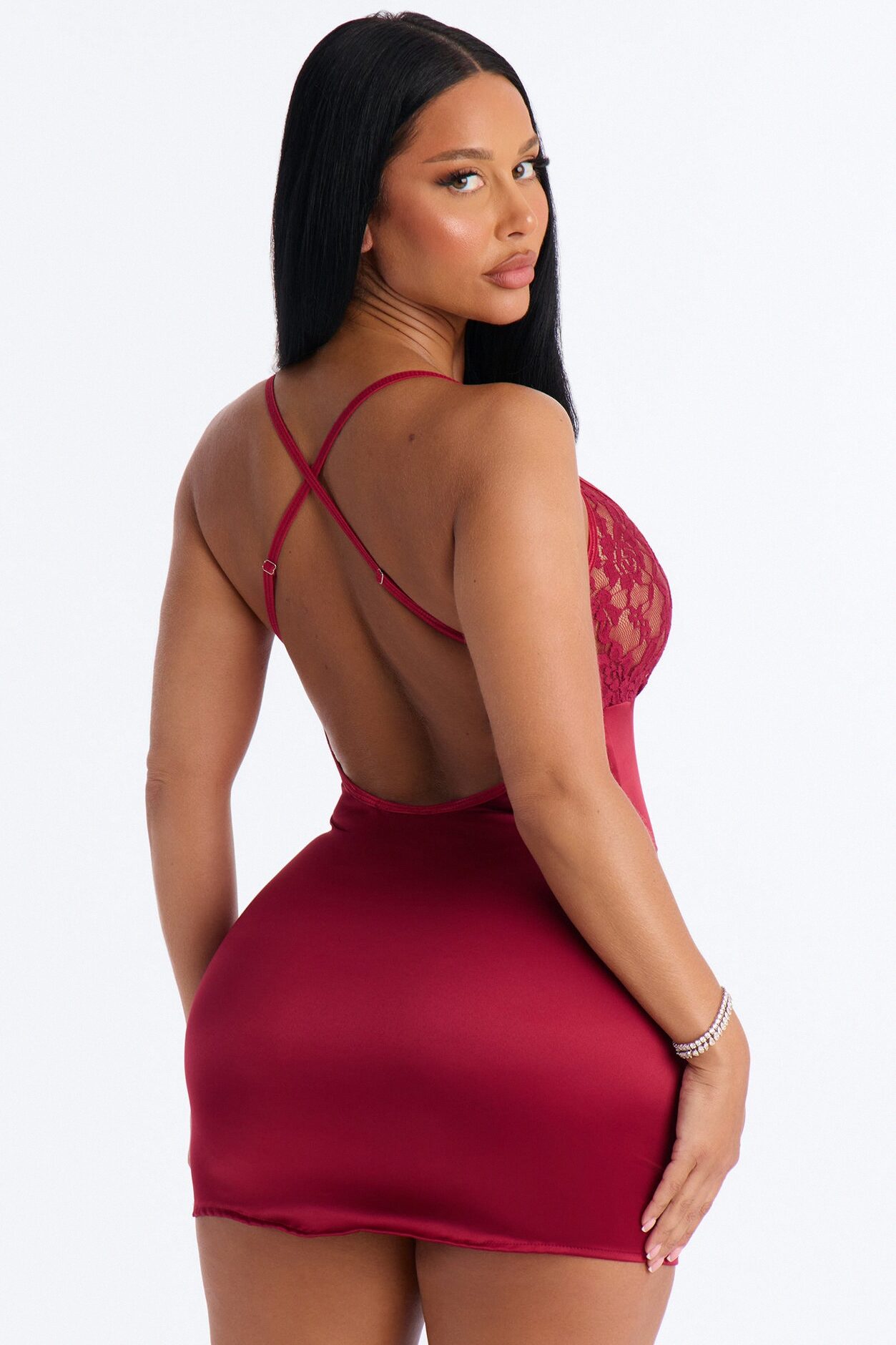 Melina Satin Lace Chemise - Wine