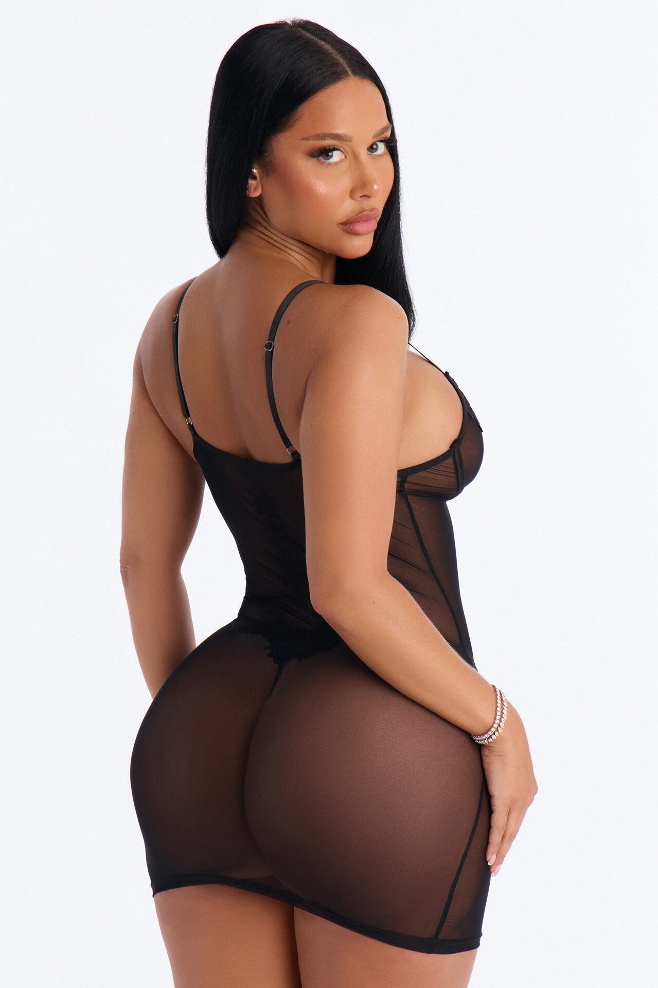 Best Of Luck Satin Mesh Chemise - Black