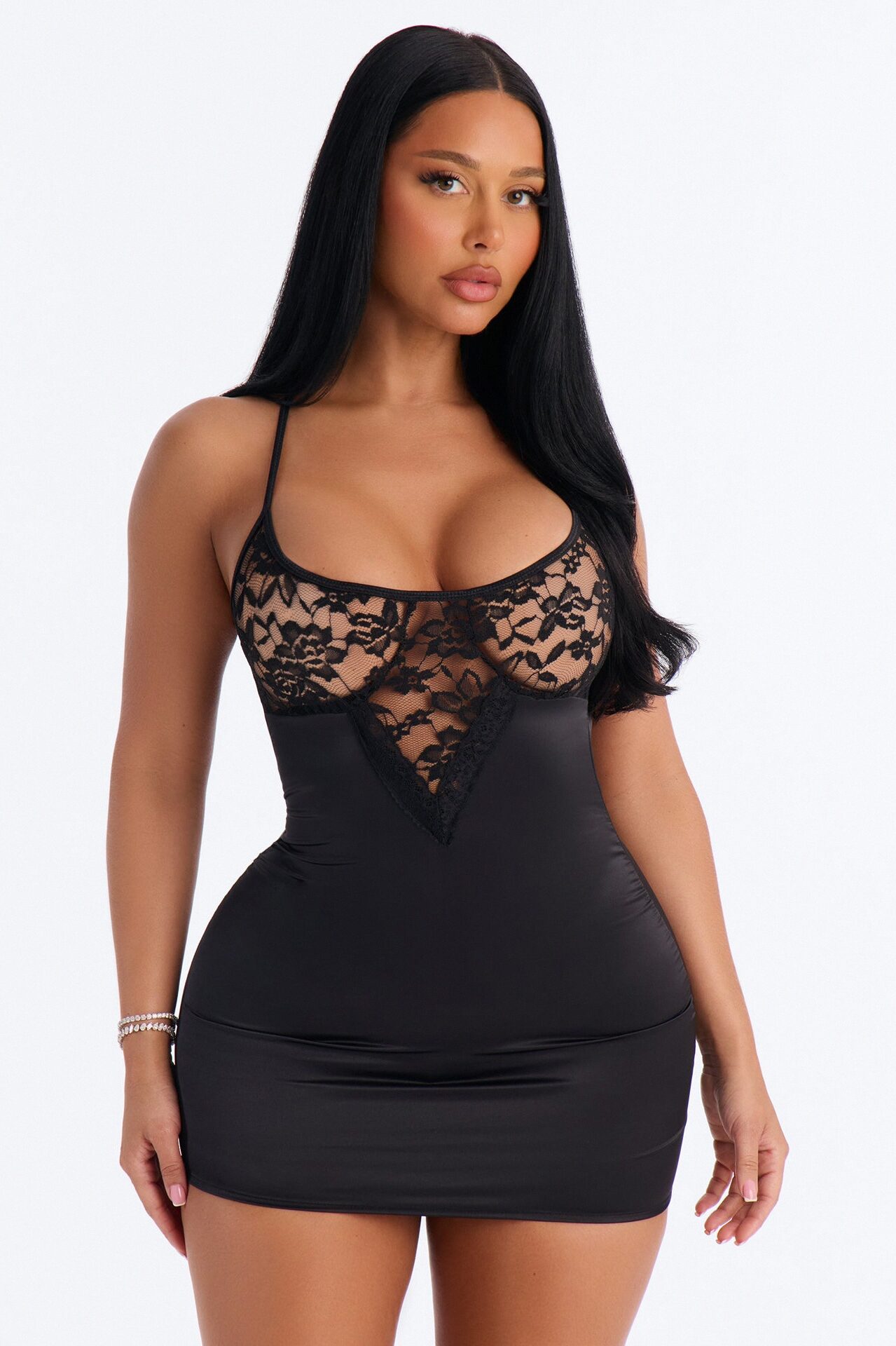 Melina Satin Lace Chemise - Black