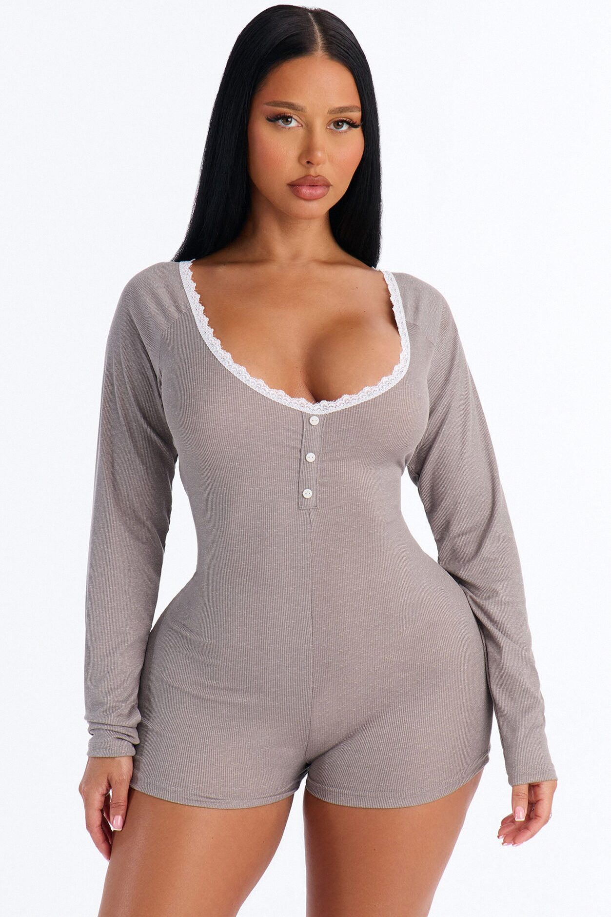 Stay In With Me Ribbed Henley PJ Romper Onesie - Charcoal