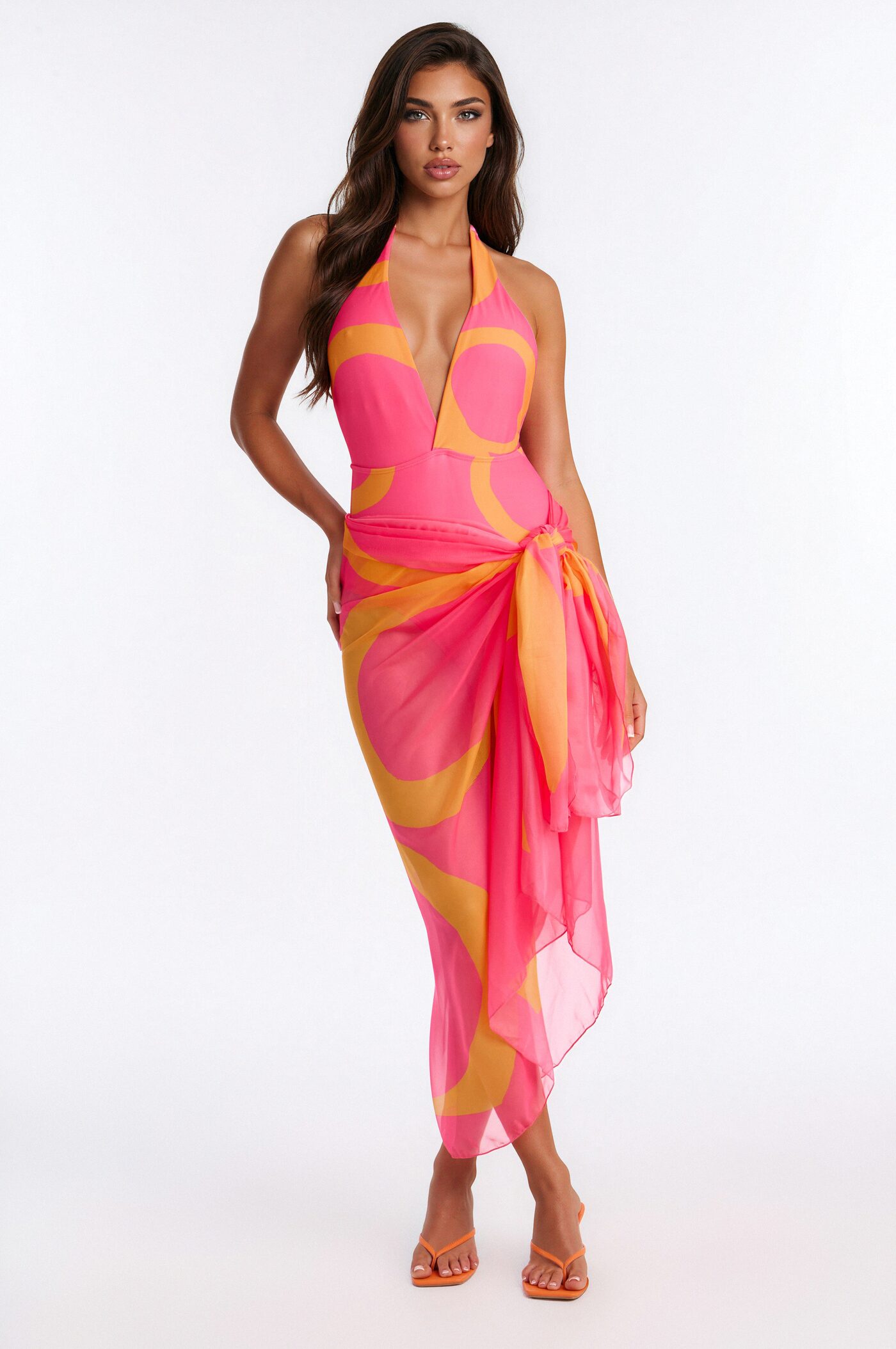 Evelina 1 Piece Geometric Halter Bikini & Sarong Set - Pink/combo