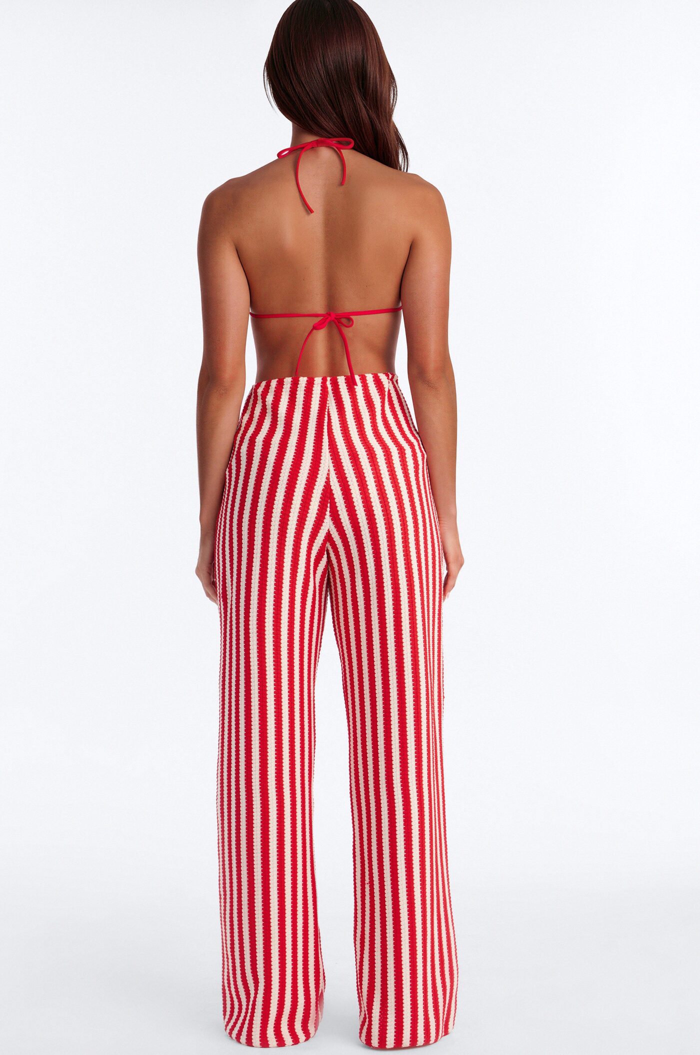 Denver Striped 3 Piece Triangle Bikini & Cover Up Pants Sunsuit - Red/combo