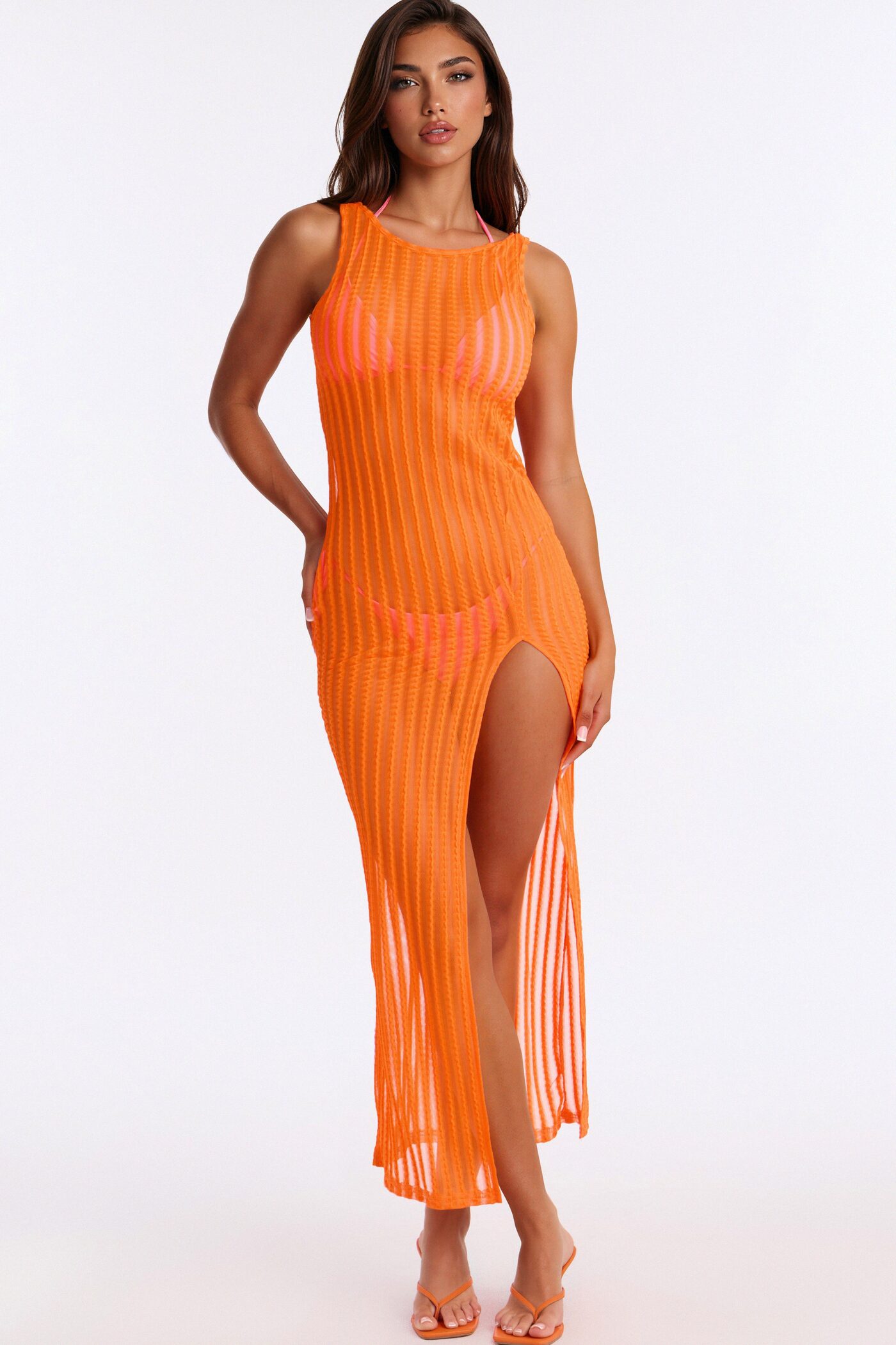 Island Breeze Mesh Slit Cover Up Maxi Dress - Orange