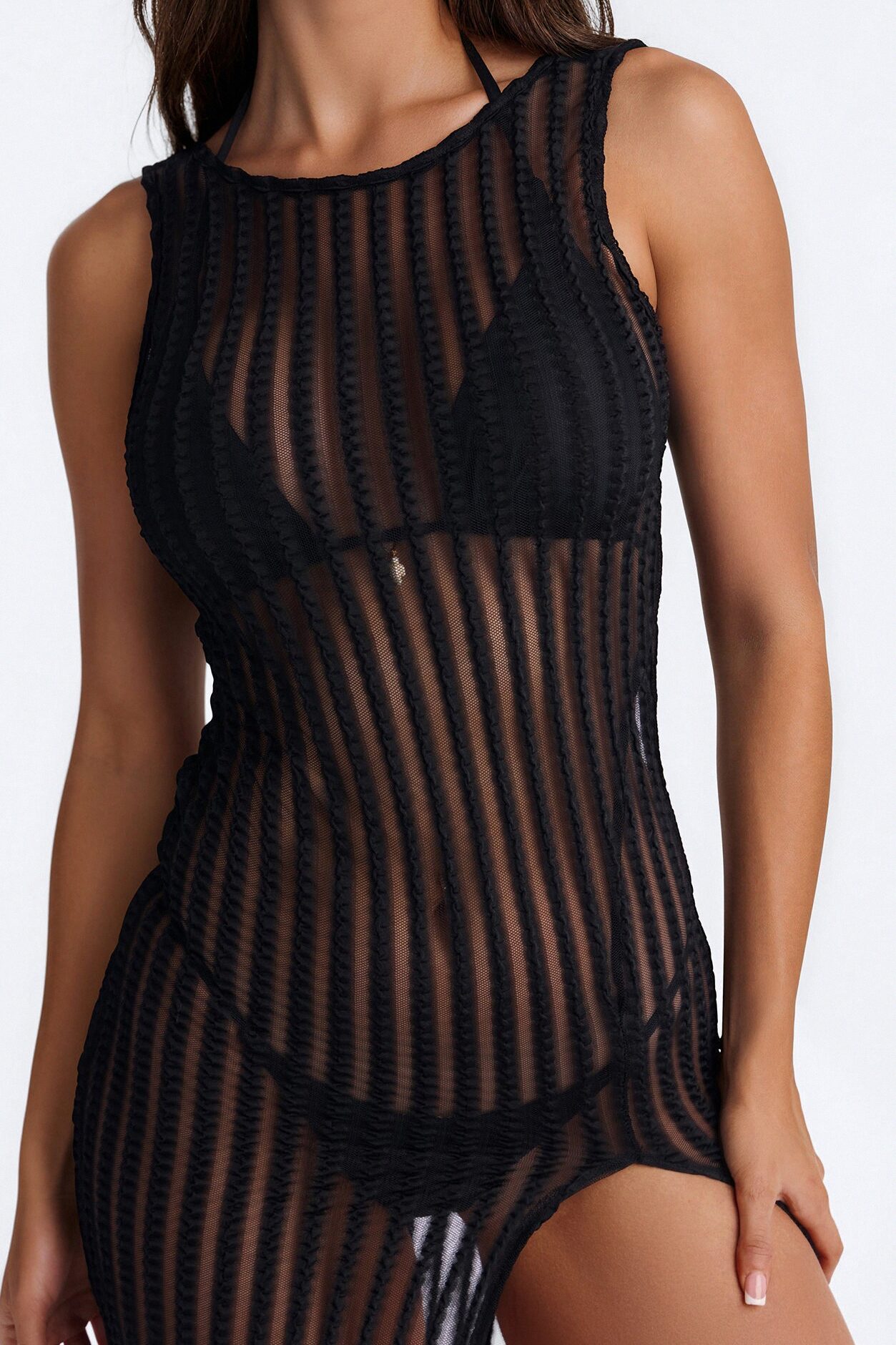 Island Breeze Mesh Slit Cover Up Maxi Dress - Black