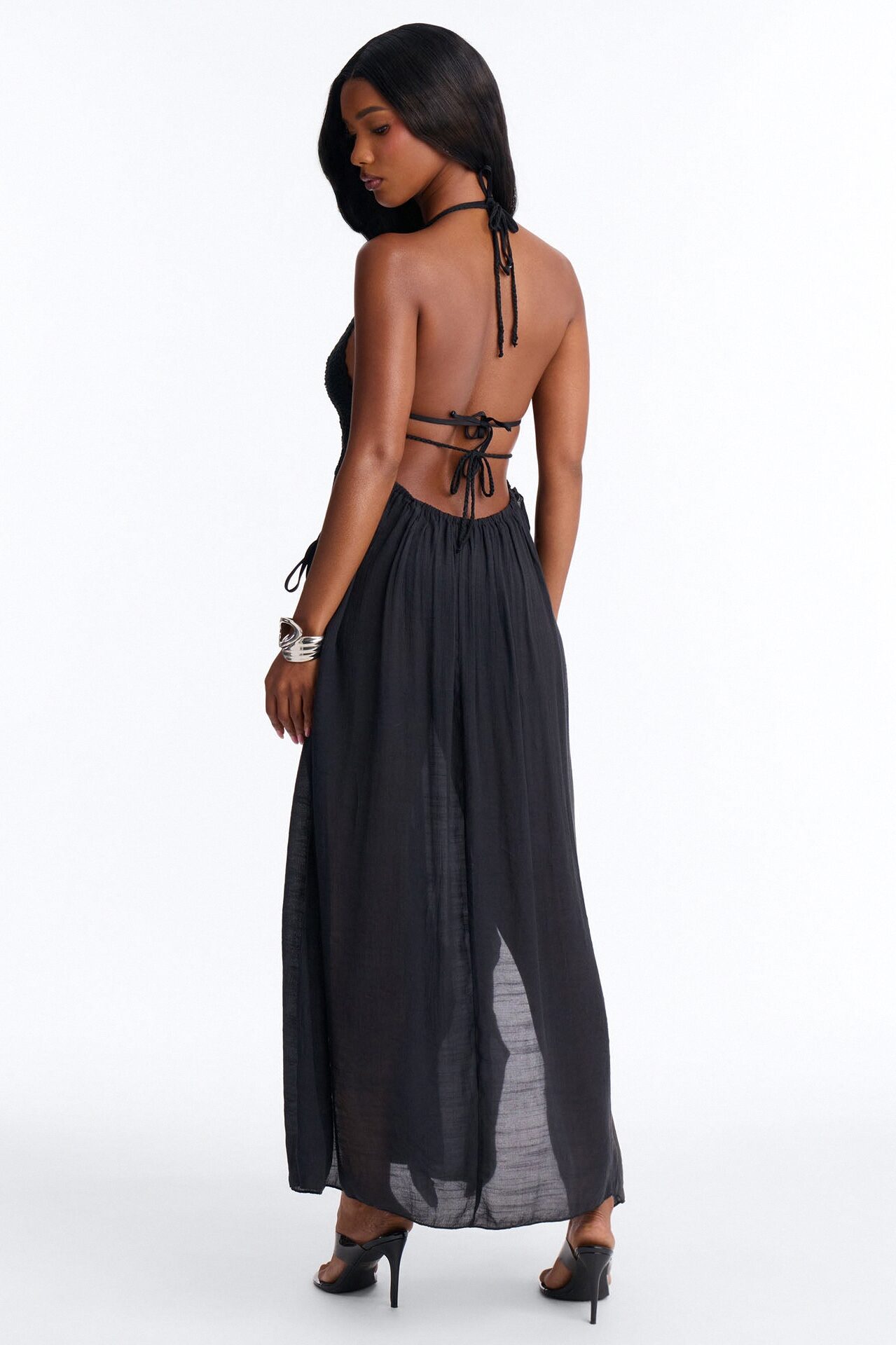 Loren Cover Up Crochet Halter Maxi Dress - Black