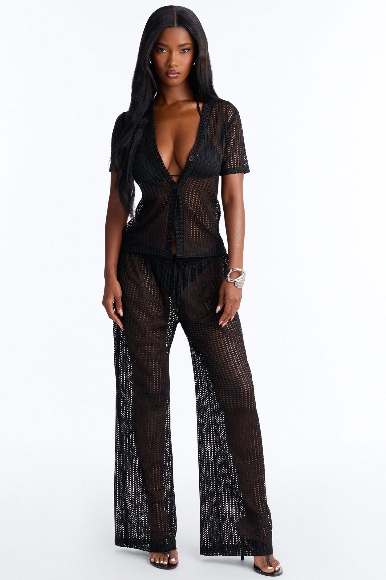 Island Breeze Crochet Fishnet Cover Up Pants Set - Black