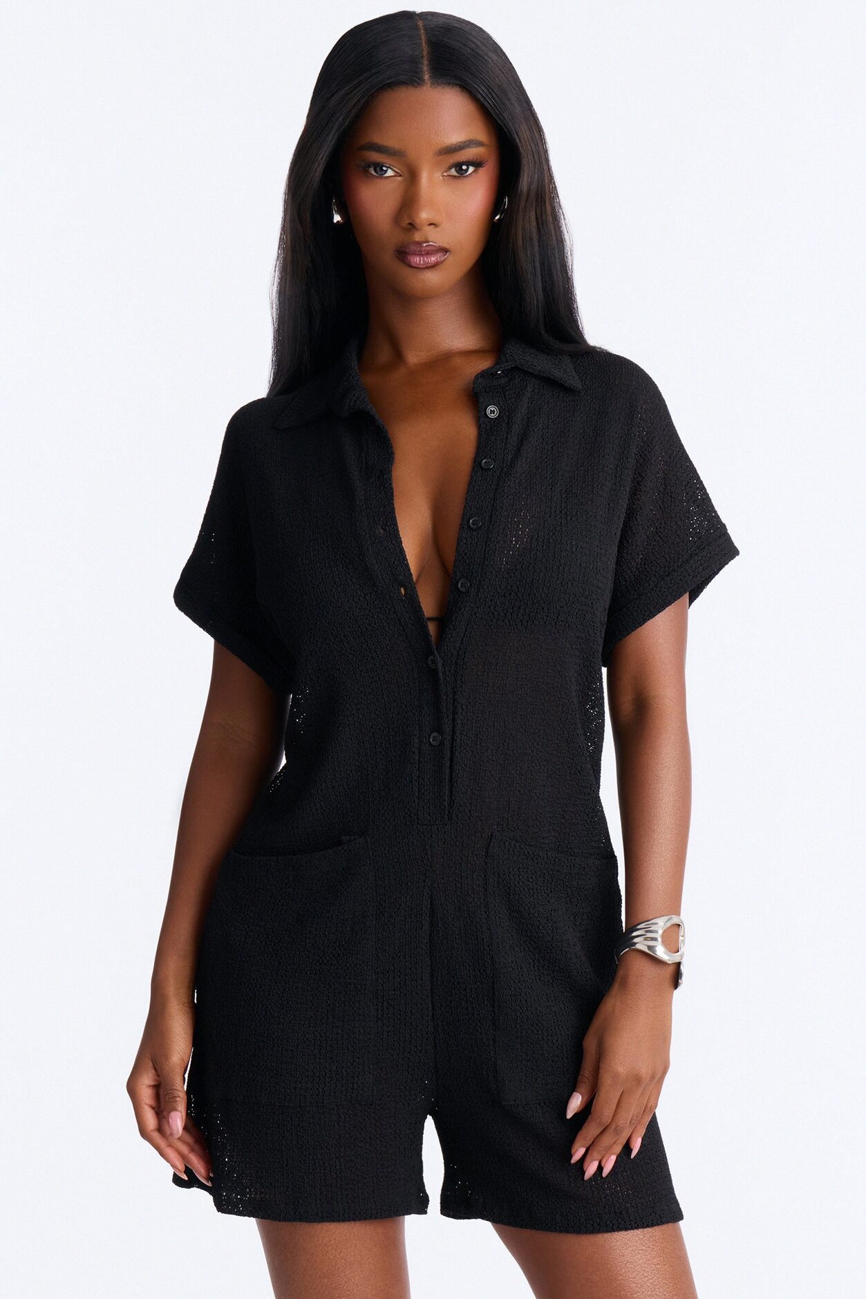 Ocean Breeze Knit Button Up Cover Up Romper - Black