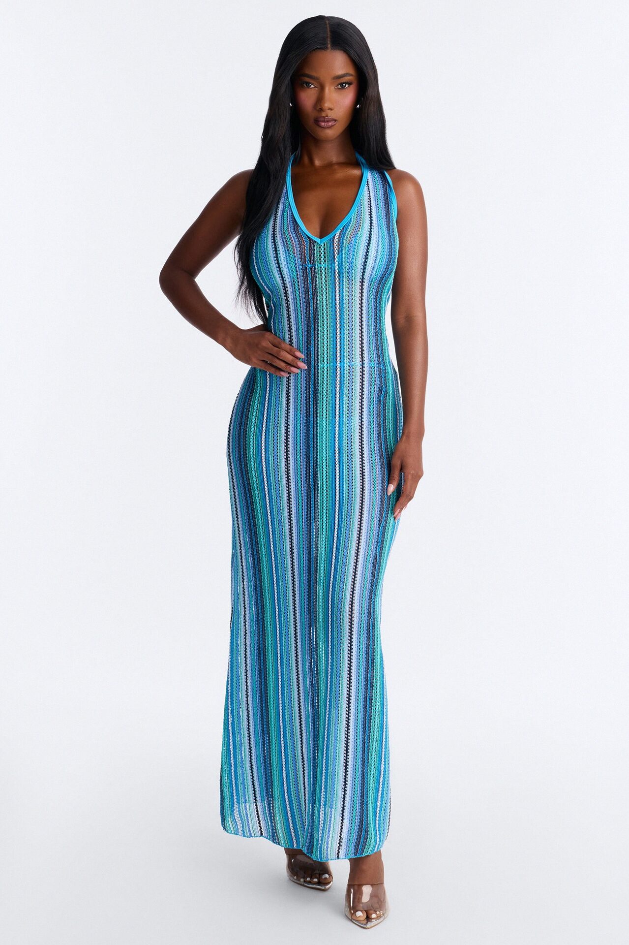 Kensington 3 Piece Striped Triangle Bikini & Cover Up Halter Maxi Dress Sunsuit - Blue/combo
