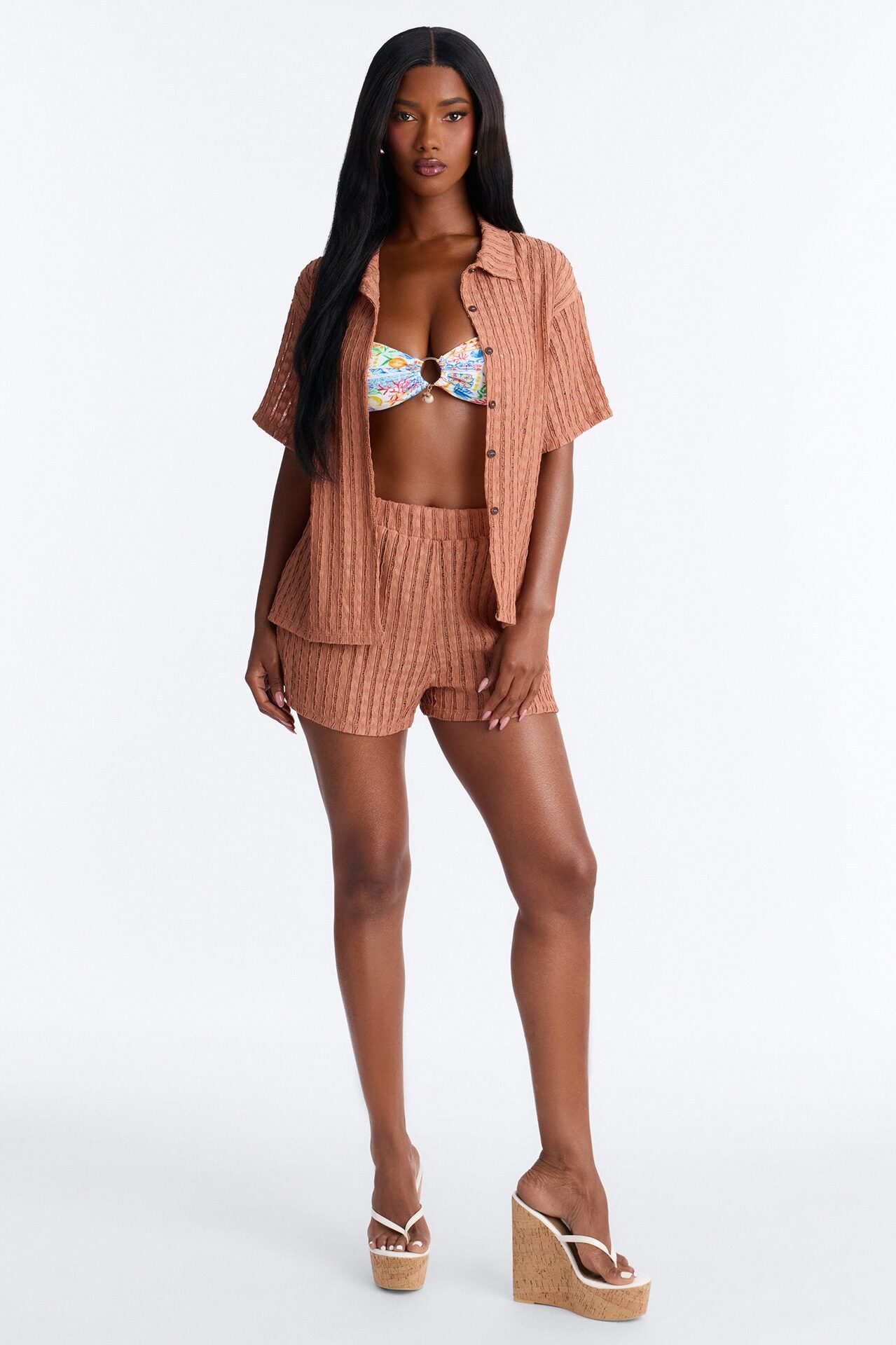 Seaside Vacation Button Up Cover Up Shorts Set - Mocha