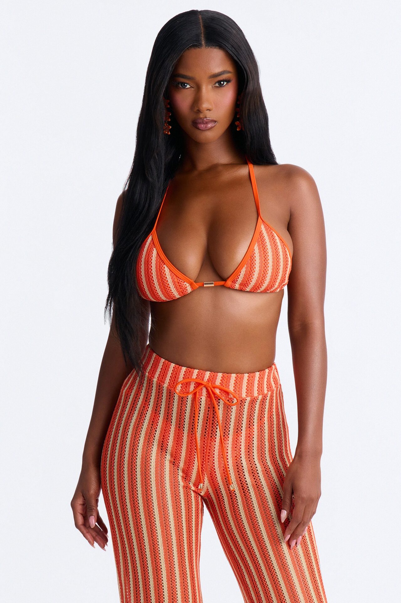 Callie Crochet 3 Piece Bikini & Pants Set - Orange/combo