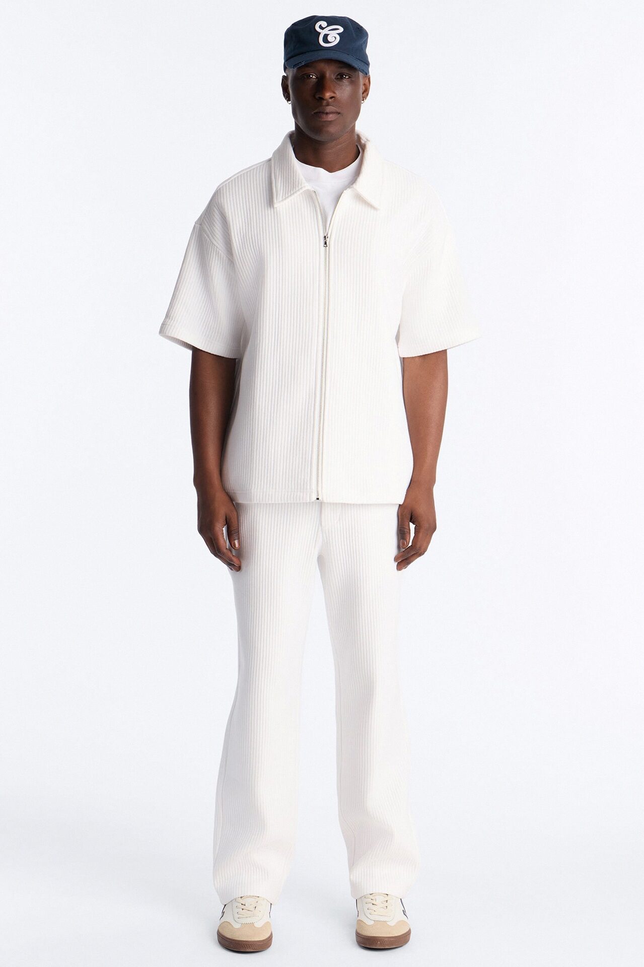 Textured Oversized Fleece Zip Up Shirt - Cream